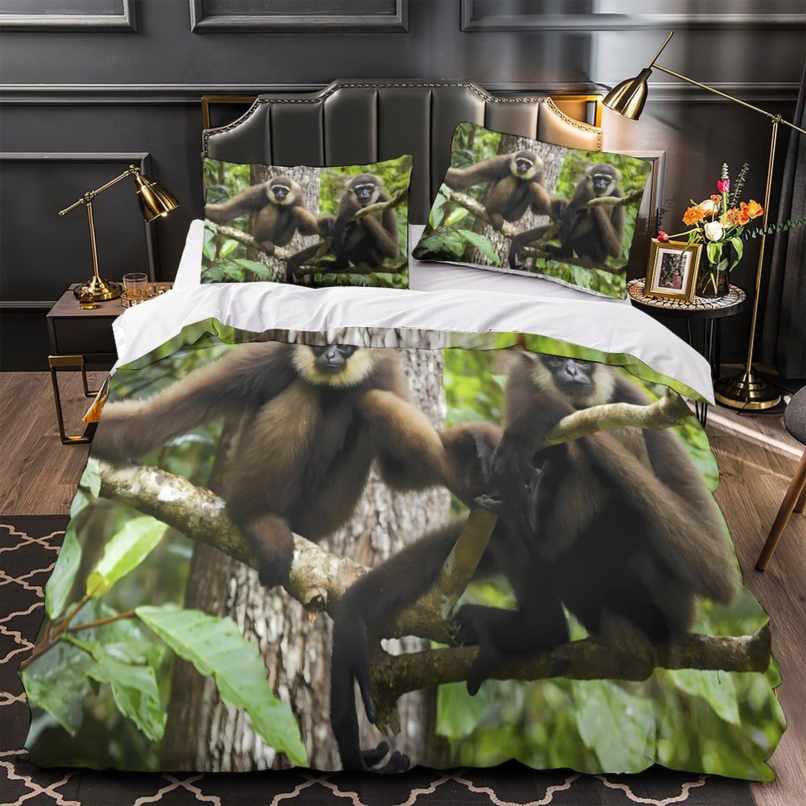 Drap de couette gibbon microfibre lavable machine et parure de lit 3 pièces à éclair caché