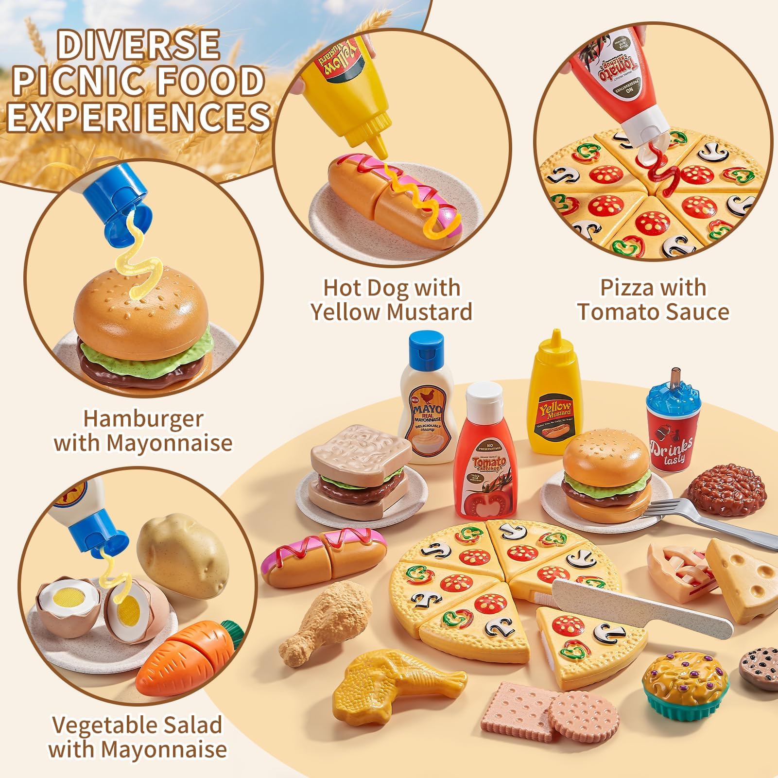 83tlg Spiellebensmittel Set Weizenstroh – Kinderküche Zubehör mit Picknickkorb & Decke – Nachhaltiges Spielzeug Essen zum Schneiden mit Klett, Pizza & Obst – Geschenk für Kinder & Kleinkinder