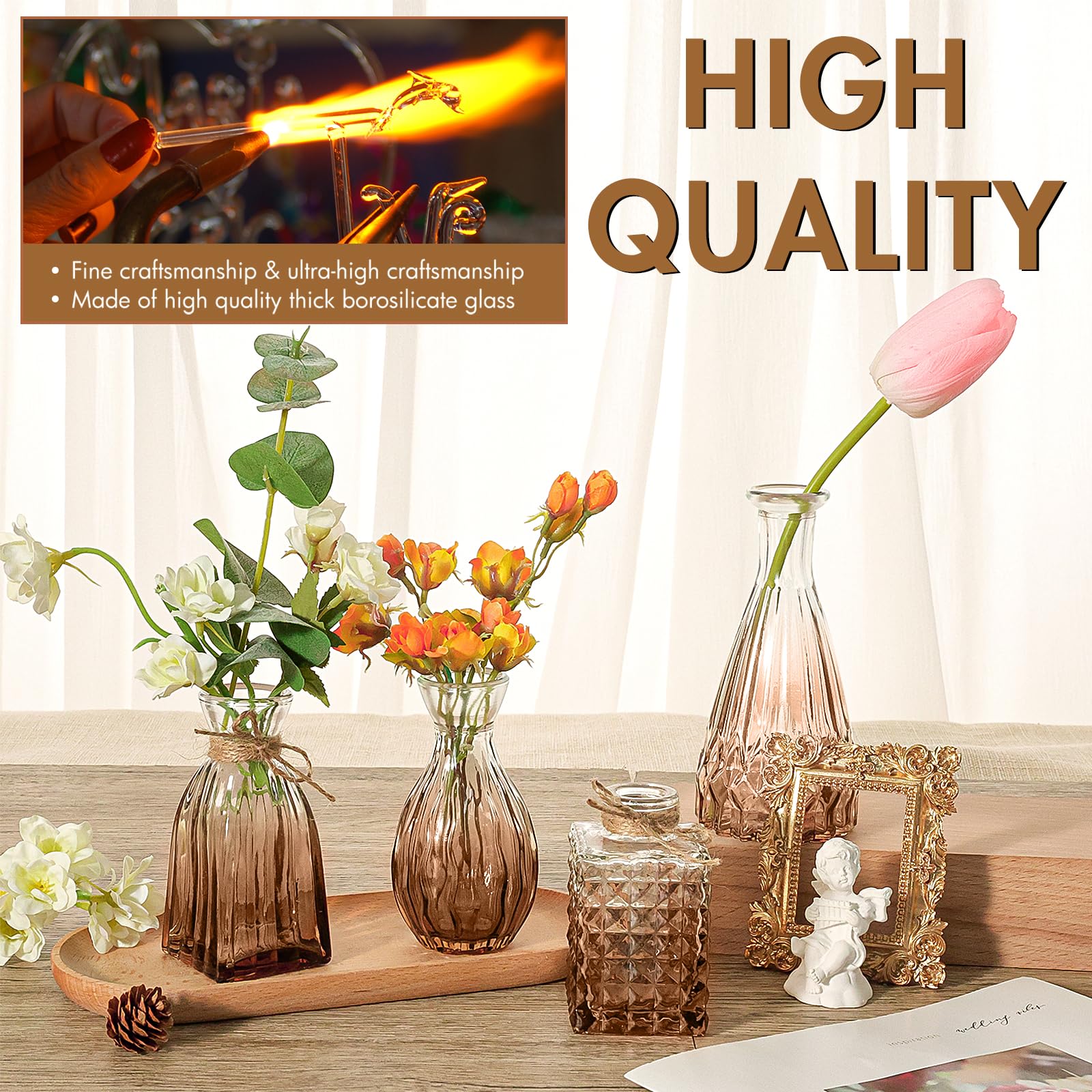 Arme Bud Vase Set of 12, Amber Bud Vases for Flower, Small Bud Vases in Bulk Mini Glass Vases, Vintage Vases for Centerpiece Table Decorations, Home Party Flower Décor(Brown)