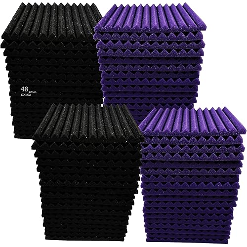 48Pack 12 "X 12 "X1" Black/Purple Acoustic Panels Studio Soundproofing Foam Wedge Tiles,