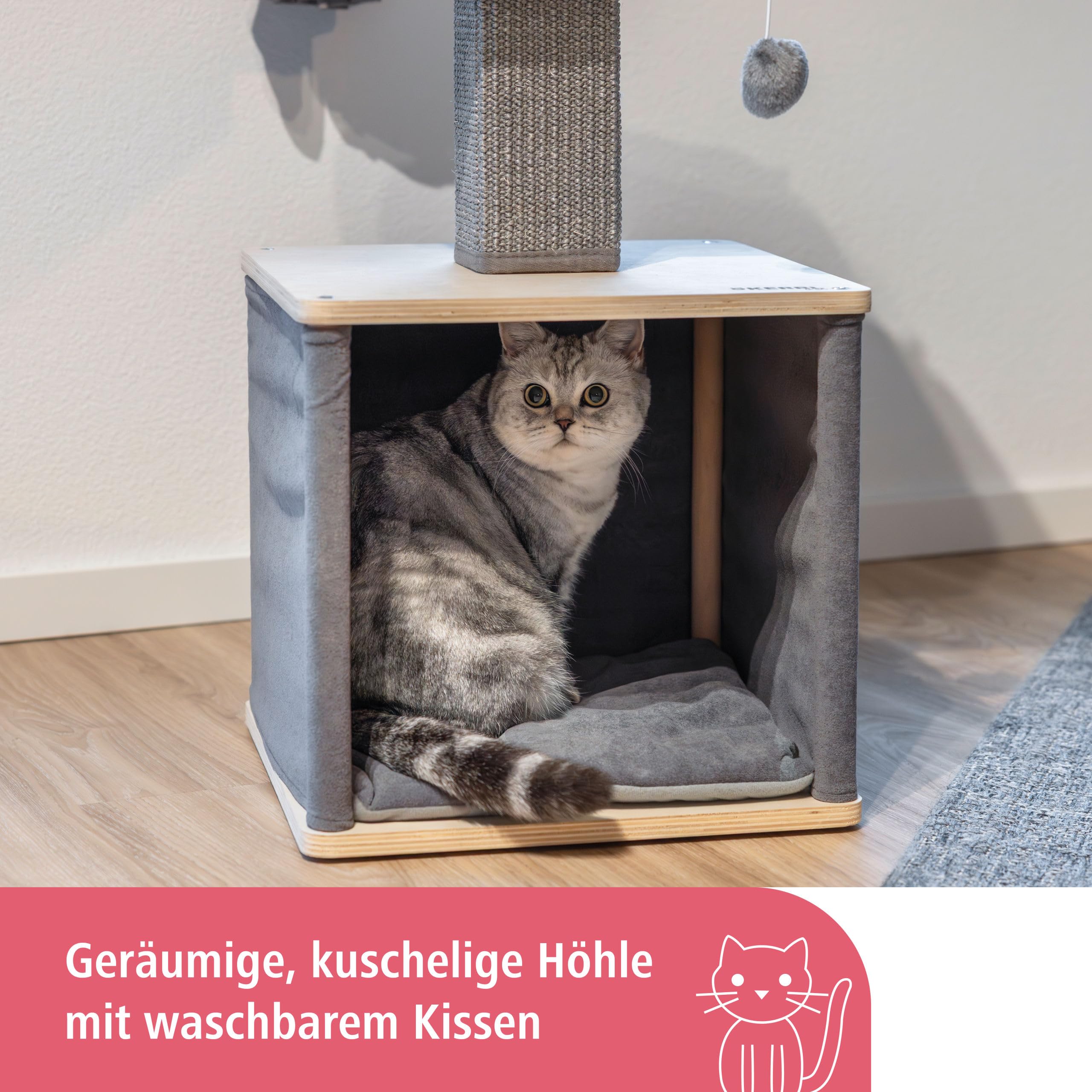 Kerbl Pet Kratzbaum Noah II, Kratzmöbel, grau/Natur, 38 x 38 x 78 cm, Massivholz, für Katzen und Kitten, mit Sisalsäule, Liegebett waschbar, modernes Design