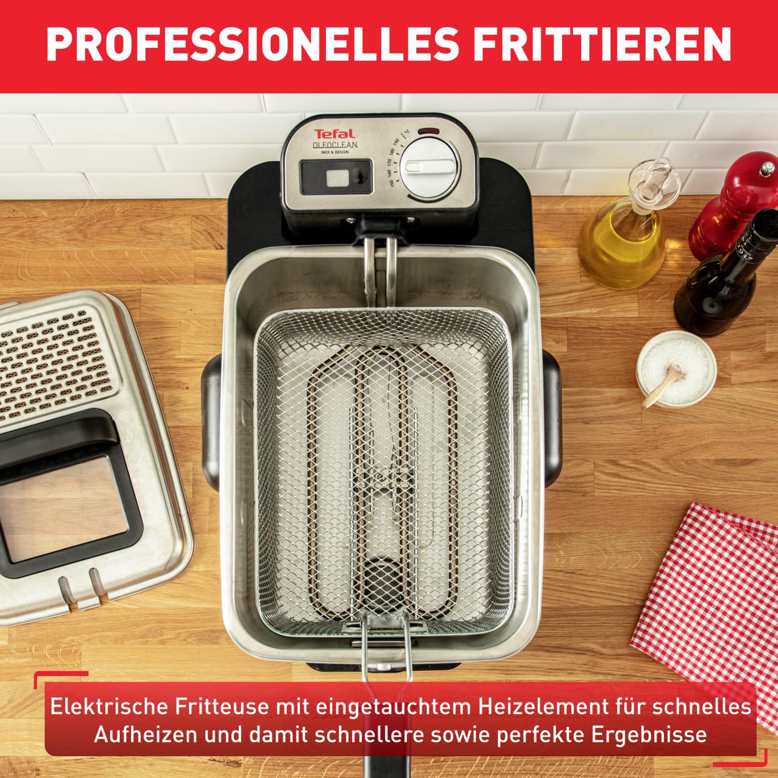 Tefal Oleoclean Pro Fritteuse 3,5L für knusprige Pommes, 2300W Edelstahl Friteuse mit Öl-Filterung, Herausnehmbarer Ölbehälter 1,2kg, Timer & Thermostat, Spülmaschinenfest, Schwarz/Edelstahl