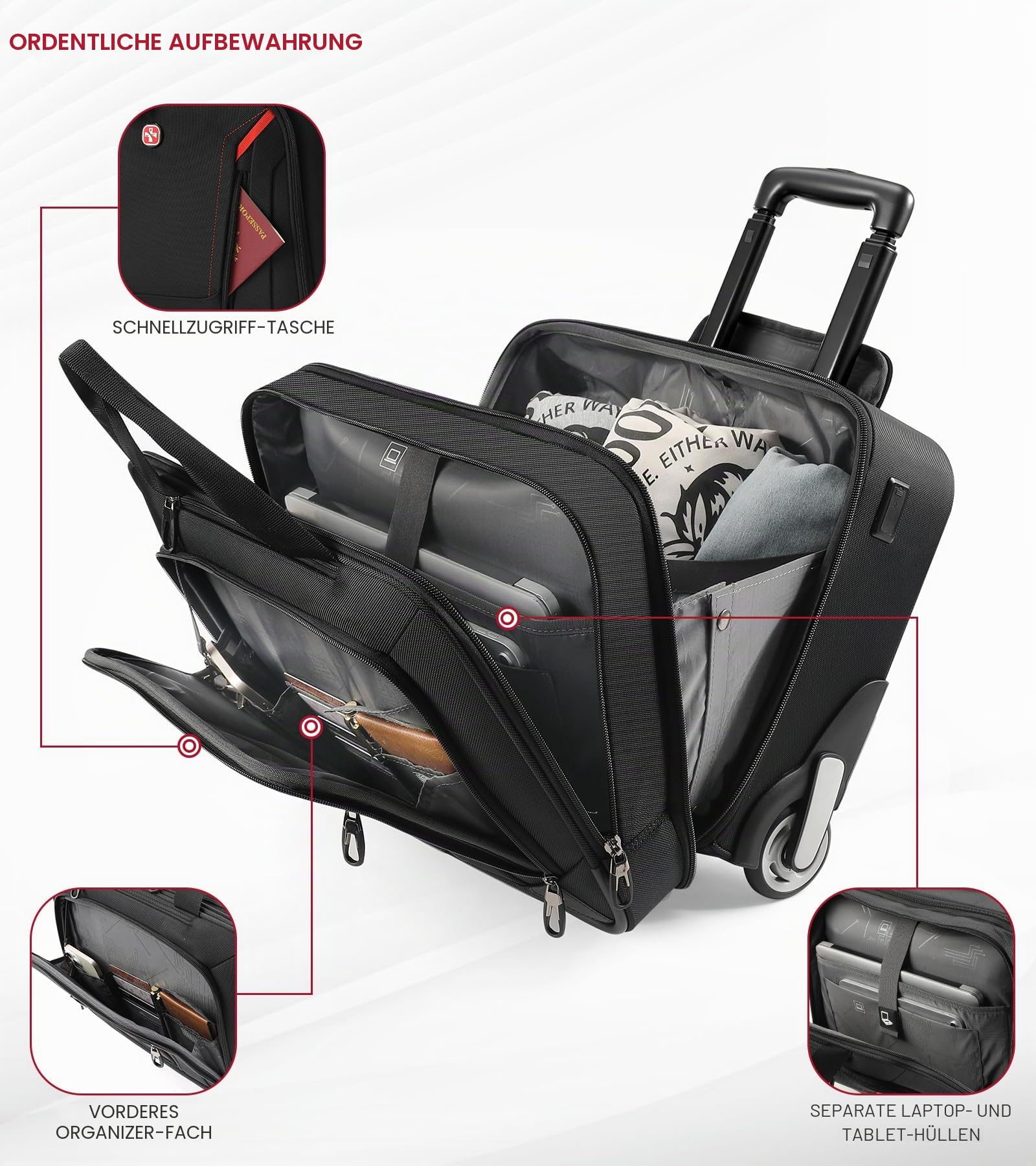 star cloud Pilotenkoffer mit Rollen, Laptop Trolley mit Rollen 46×36×20 cm, wasserabweisender Business Trolley, Aktentasche mit Rollen Handgepäck für Geschäftsreisen Herren & Damen