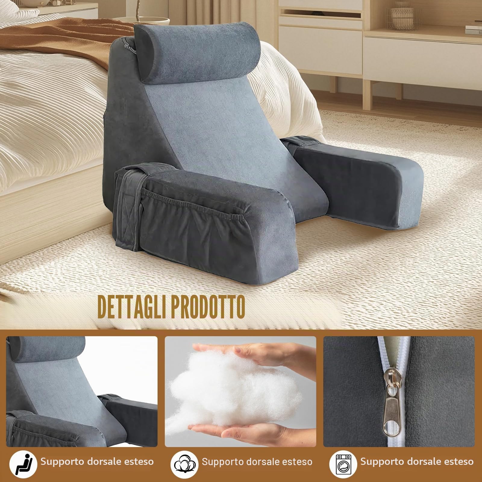 Cuscino da lettura per letto e divano, cuscino per la schiena con rullo per il collo e il bracciolo rimovibili, per adulti, cuscino di supporto per la schiena, multifunzione, per leggere