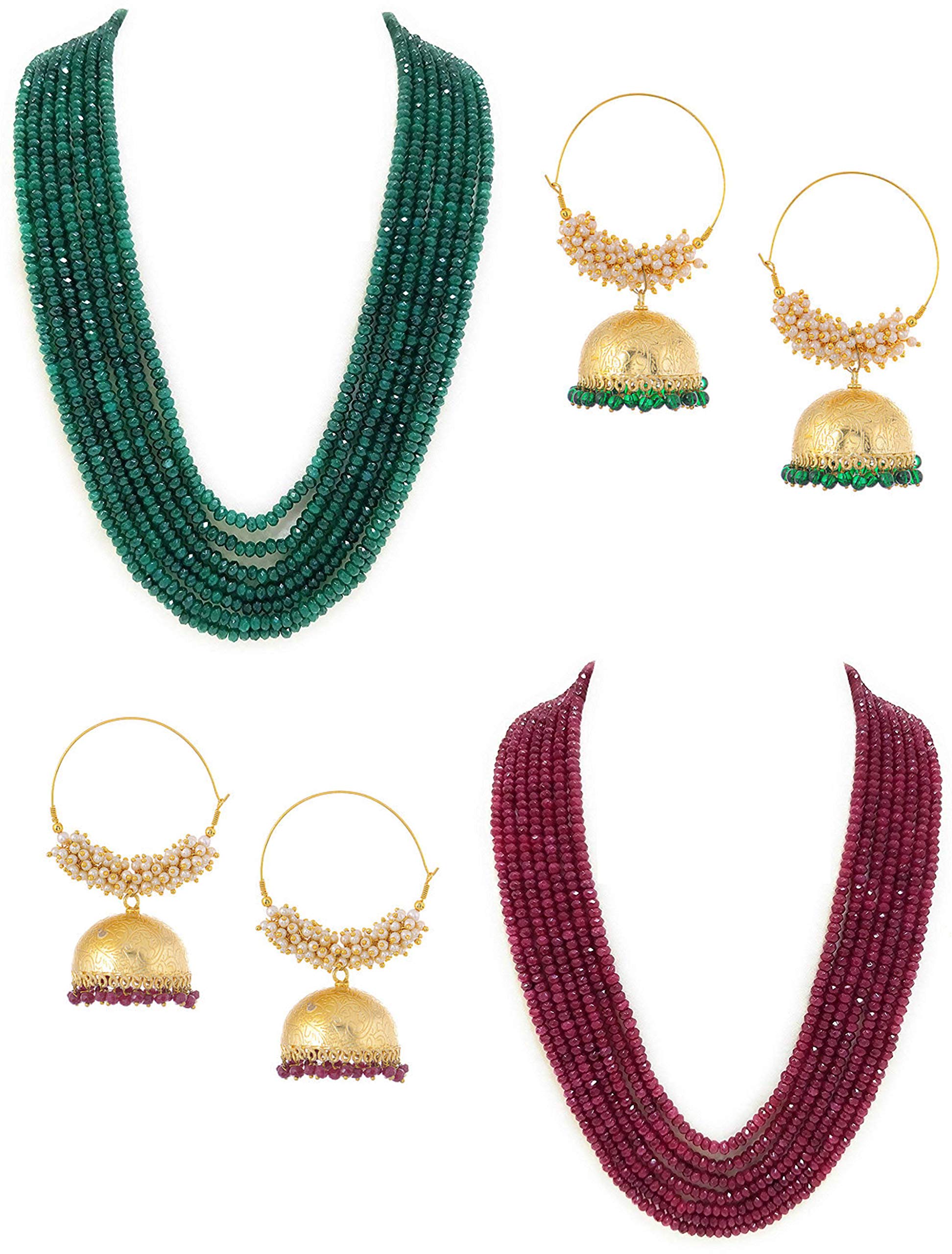 PANAASHE-RAJASTHANIruby with green onyx 7 layer necklace with bali earring set for women/girls (2- sets)