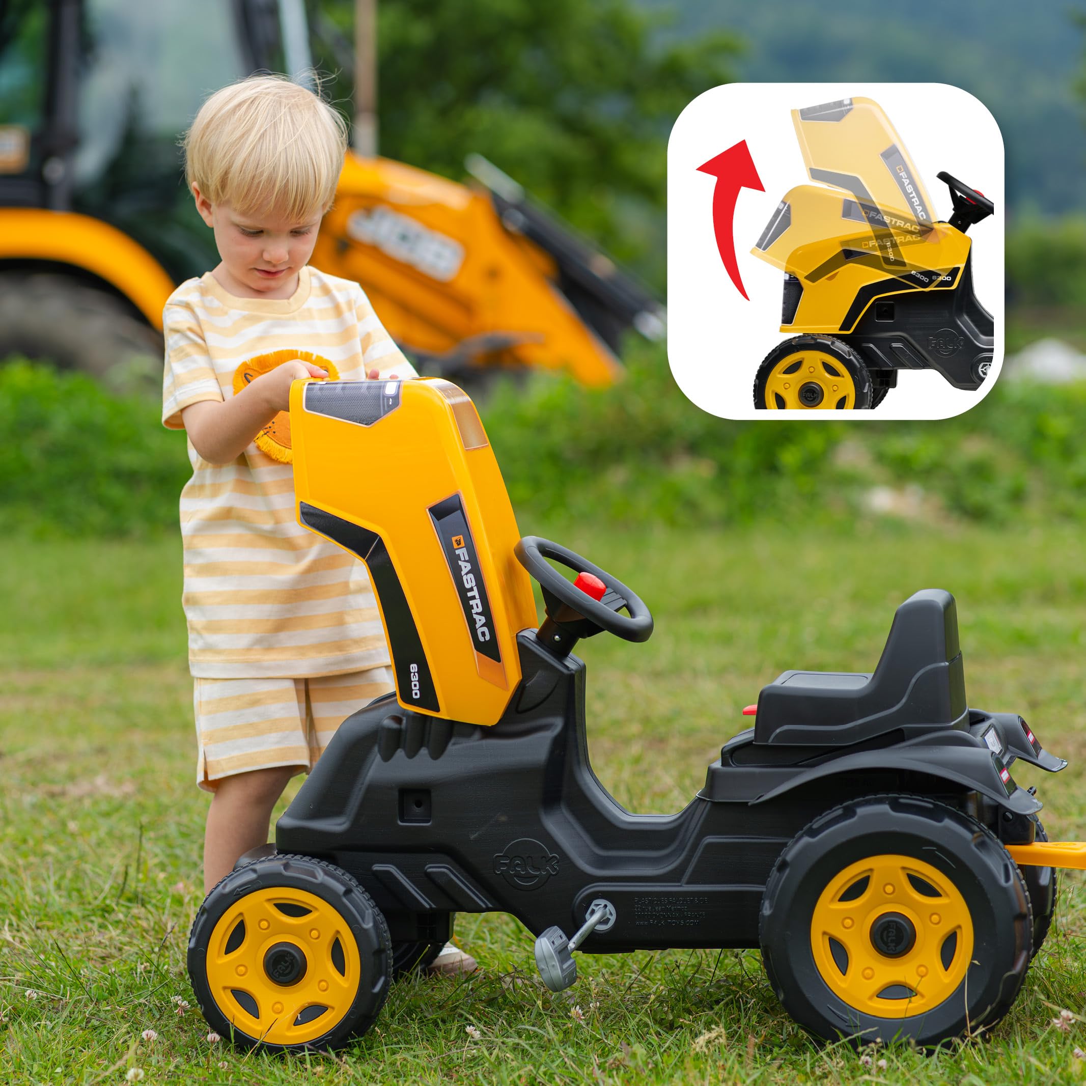 Falk JCB Traktor mit Pedalen für Kinder, mit Anhänger, ab 2 Jahren | Haube zum Öffnen und verstellbarer Sitz