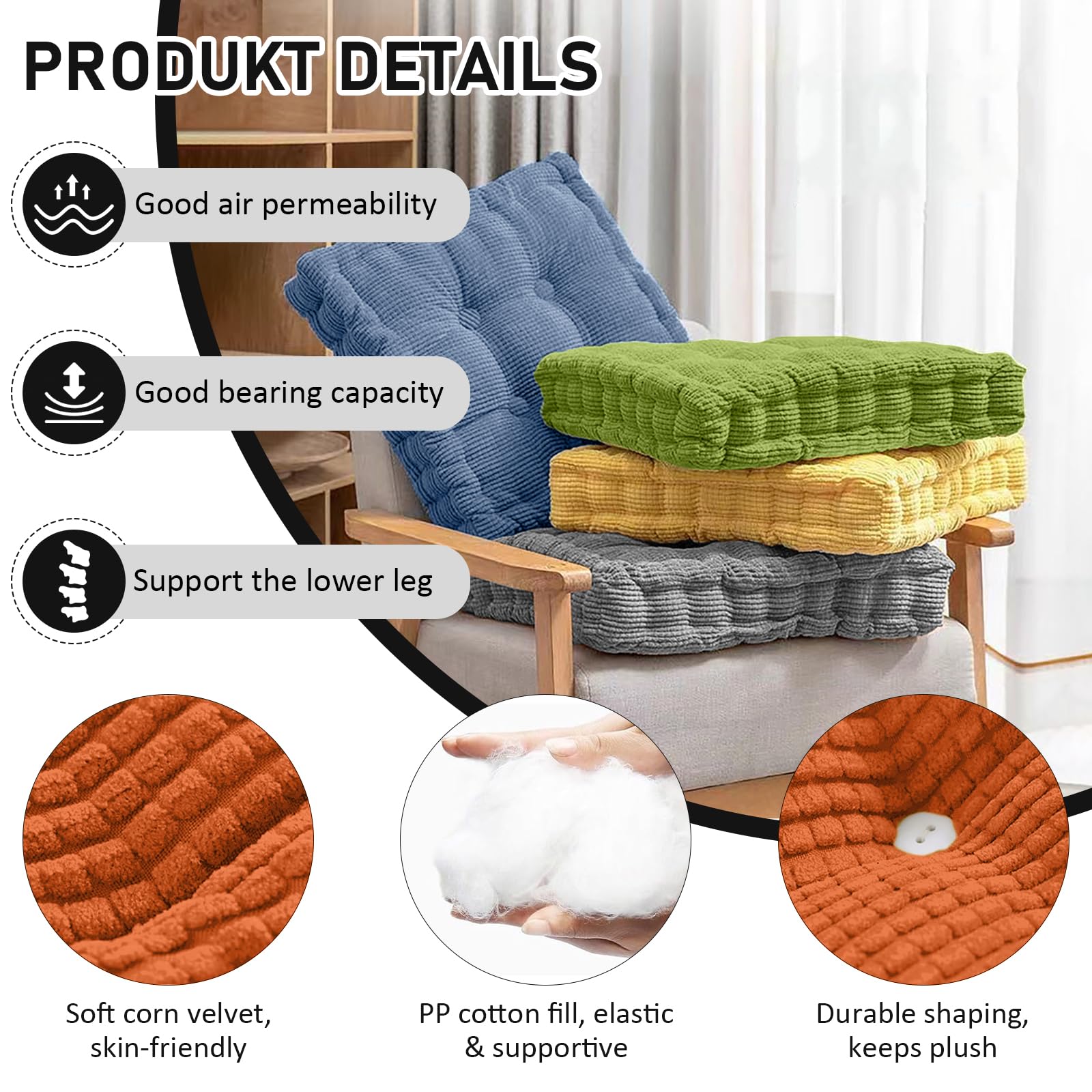 Cojín de asiento de 40 x 40 cm, juego de 2 unidades para silla y suelo, cojín acolchado grueso con relleno de algodón 100 % PP, cojín cuadrado para silla de interior y exterior, cojín de suelo para