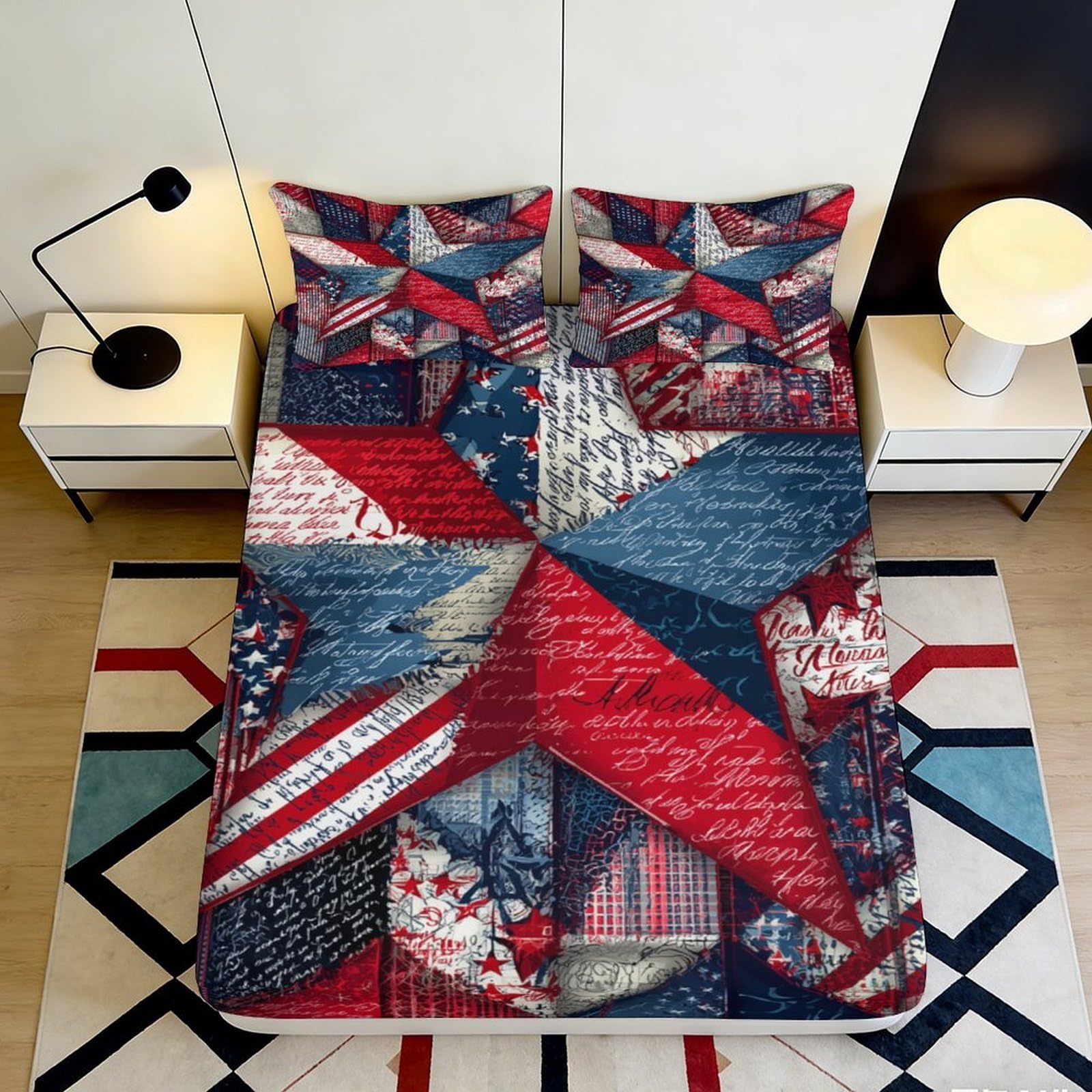 3D Printed Patchwork American Flag Fitted Sheet Microfiber Soft Breathable Star Pattern Mattress Cover for Bedroom Guest Room Decor 90x200x25cm