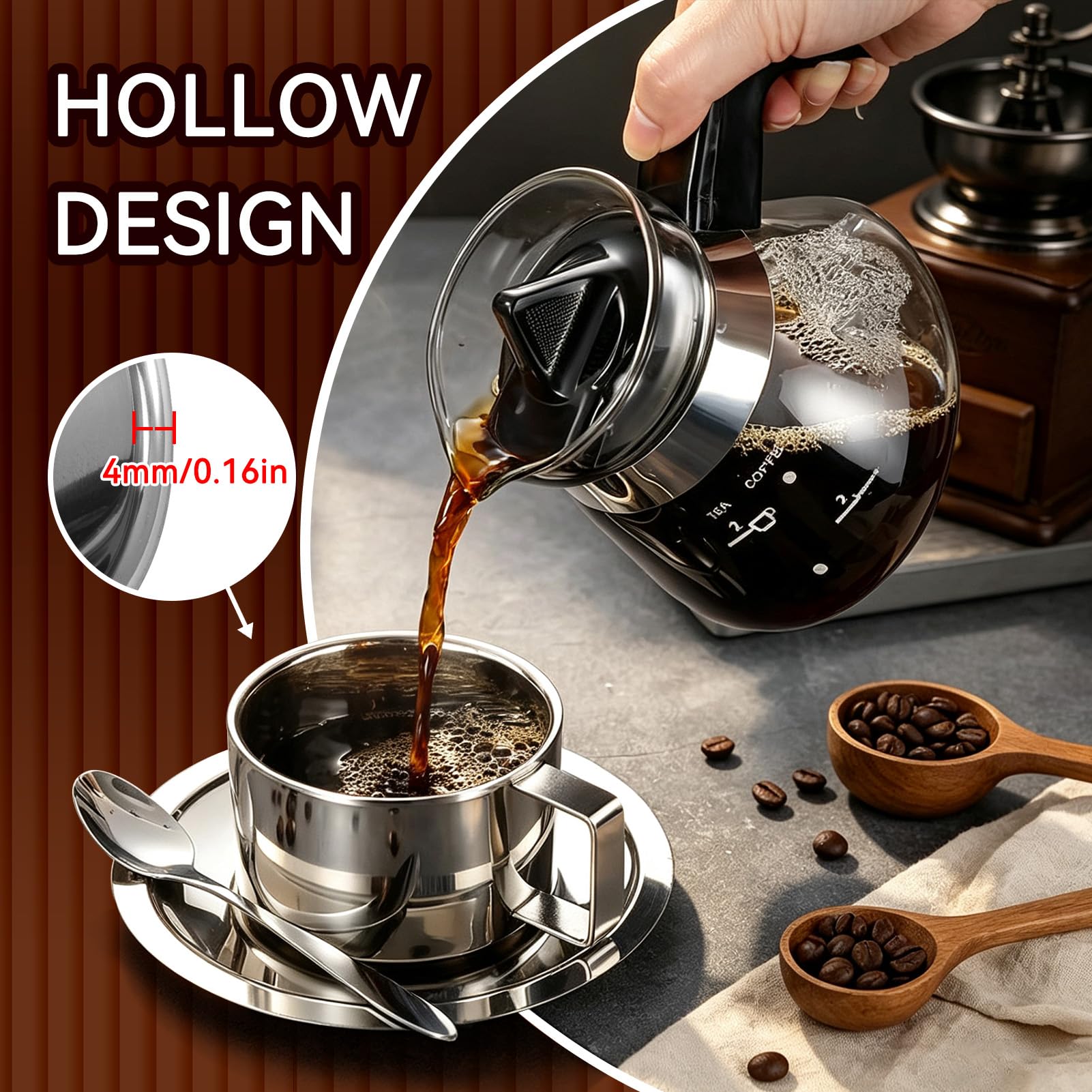 4 Pack Edelstahl Kaffeetasse Set, doppelte Kaffeetassen Tee Tasse Espresso -Tassen mit Löffel und Untertasse für Cappuccino Latte Milk Tea Küchenbedarf