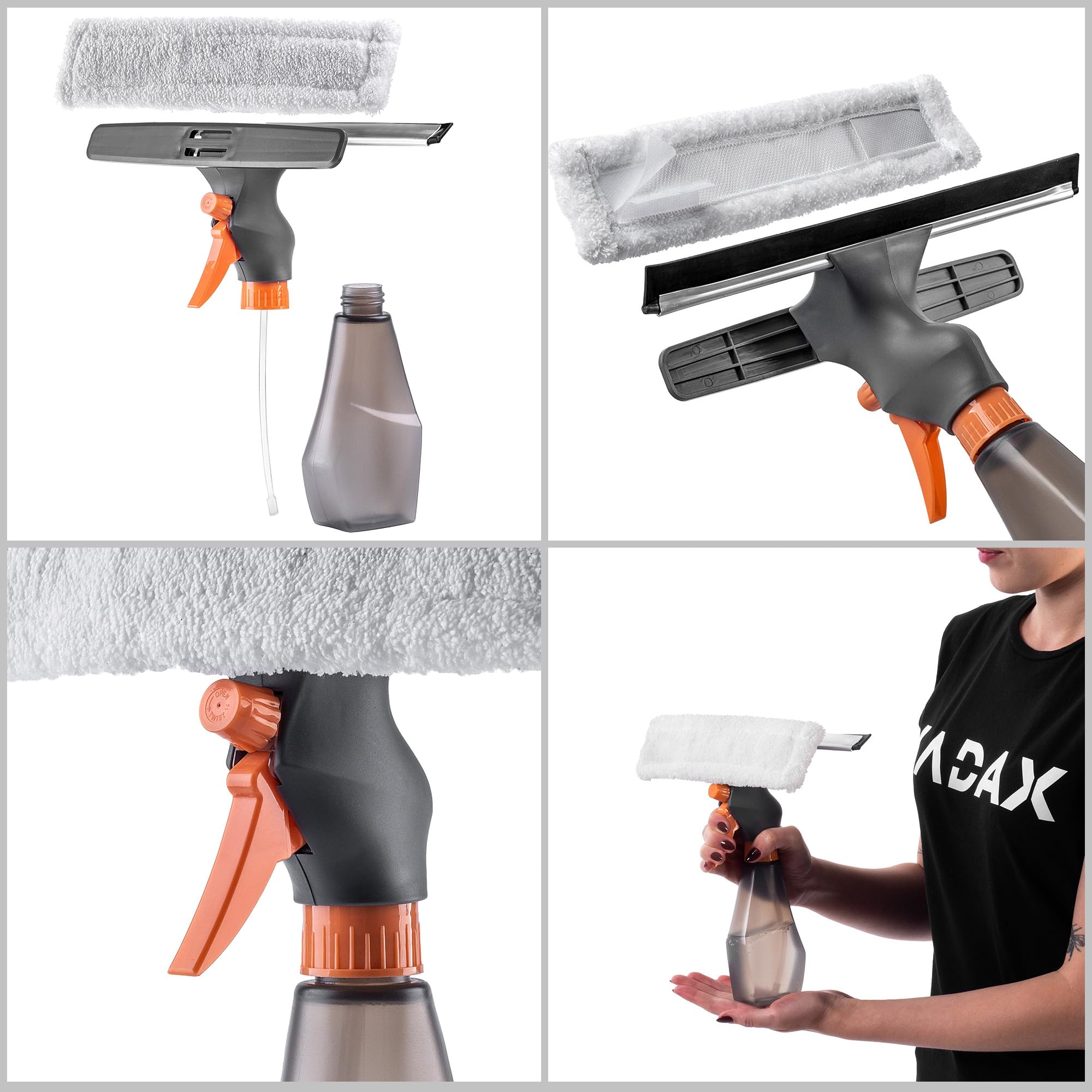 KADAX Spryskiwacz do okien z mikrofibrowym padem i ściągaczką 250 ml, precyzyjny rozpylacz równomiernie zwilża powierzchnię, pad usuwa zabrudzenia bez smug, do szybkiego mycia szyb i luster