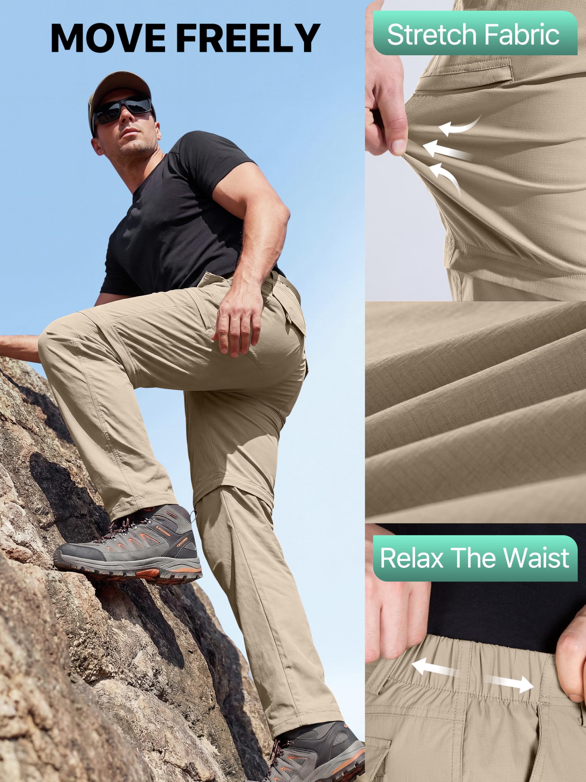 FREE SOLDIER Pantalon de randonnée convertible pour homme avec ceinture - Léger - Séchage rapide - Nylon Spandex (kaki convertible 42 W x 32 L)