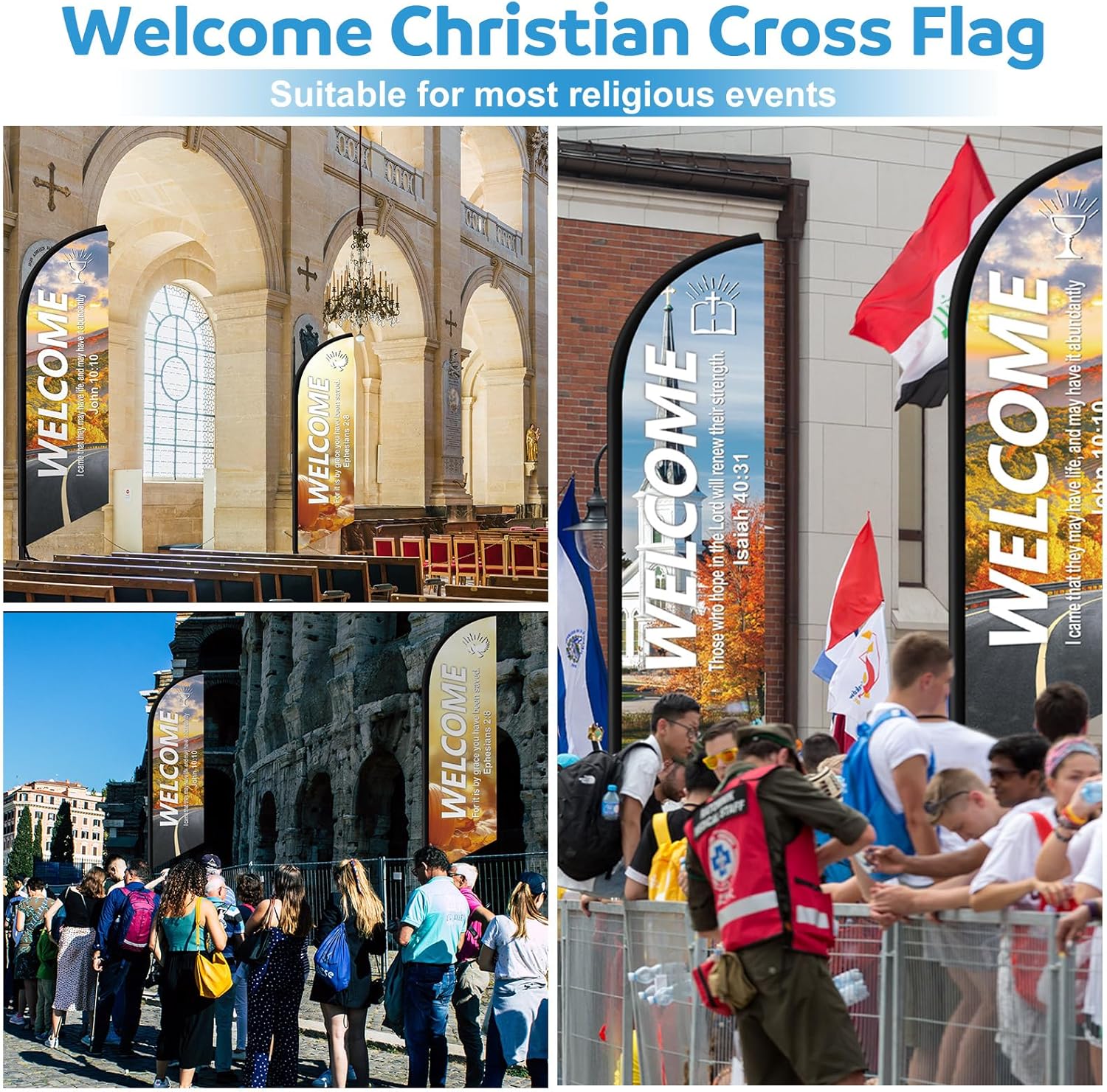 Gueevin 2 Sets Church Feather Flag Fall Welcome Flags with Poles 6.6' Church Swooper Flag with Scripture Sanctuary Outdoor Banners Inspirational Christian Hanging Sign for Worship Religious Event