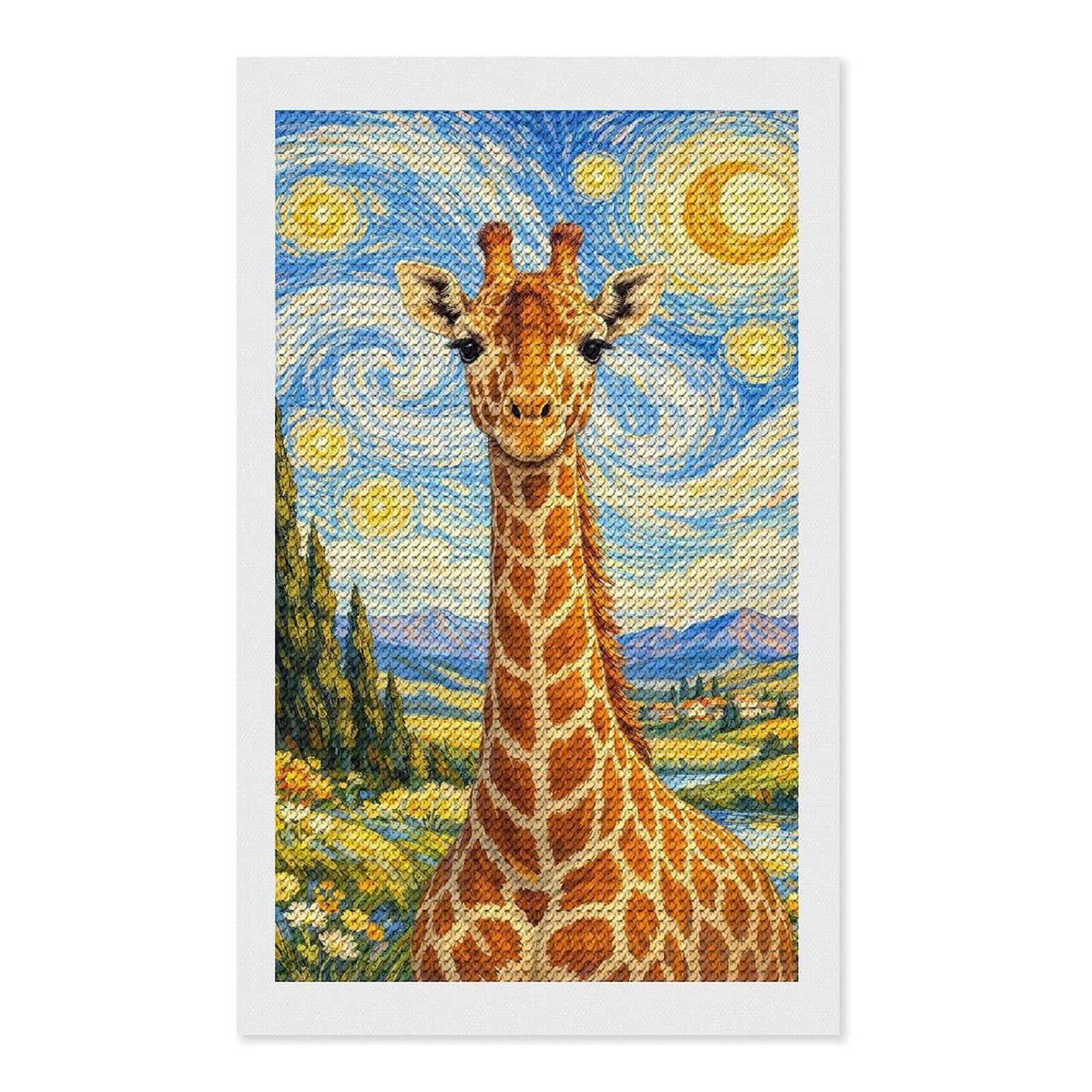 Junmoney Giraffe in Starry Night DIY Diamond Art Canvas Kit 12"x20", Adhesive Canvas, Easy to Enjoy, Farmhouse Decor, Festive Craft Gift