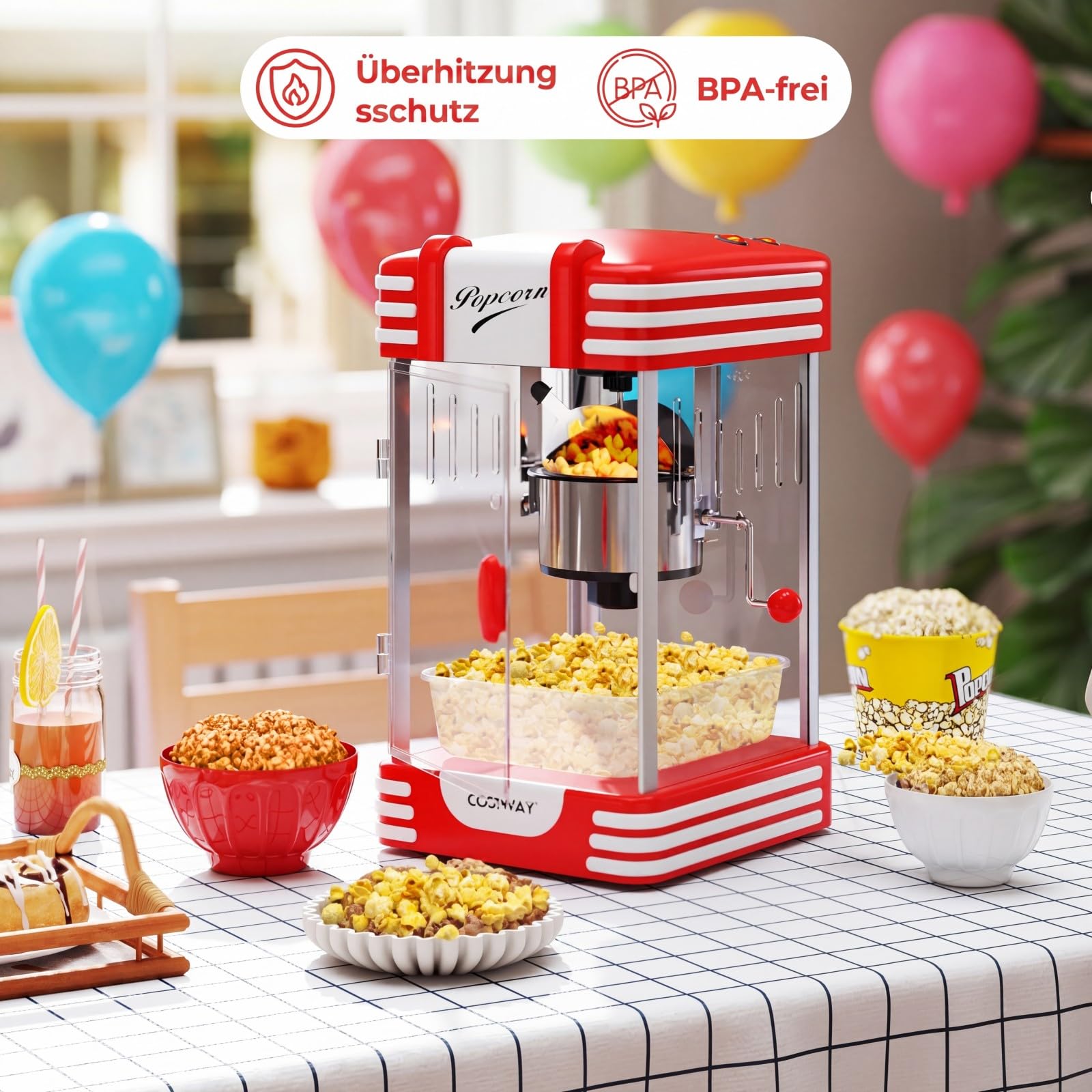 COSTWAY Retro Popcornmaschine, Popcorn maschine mit Warmhaltelicht & Edelstahlkessel & integriertes Rührsystem, Popcorn Maker im 50er still für Filmabende, Party, Rot