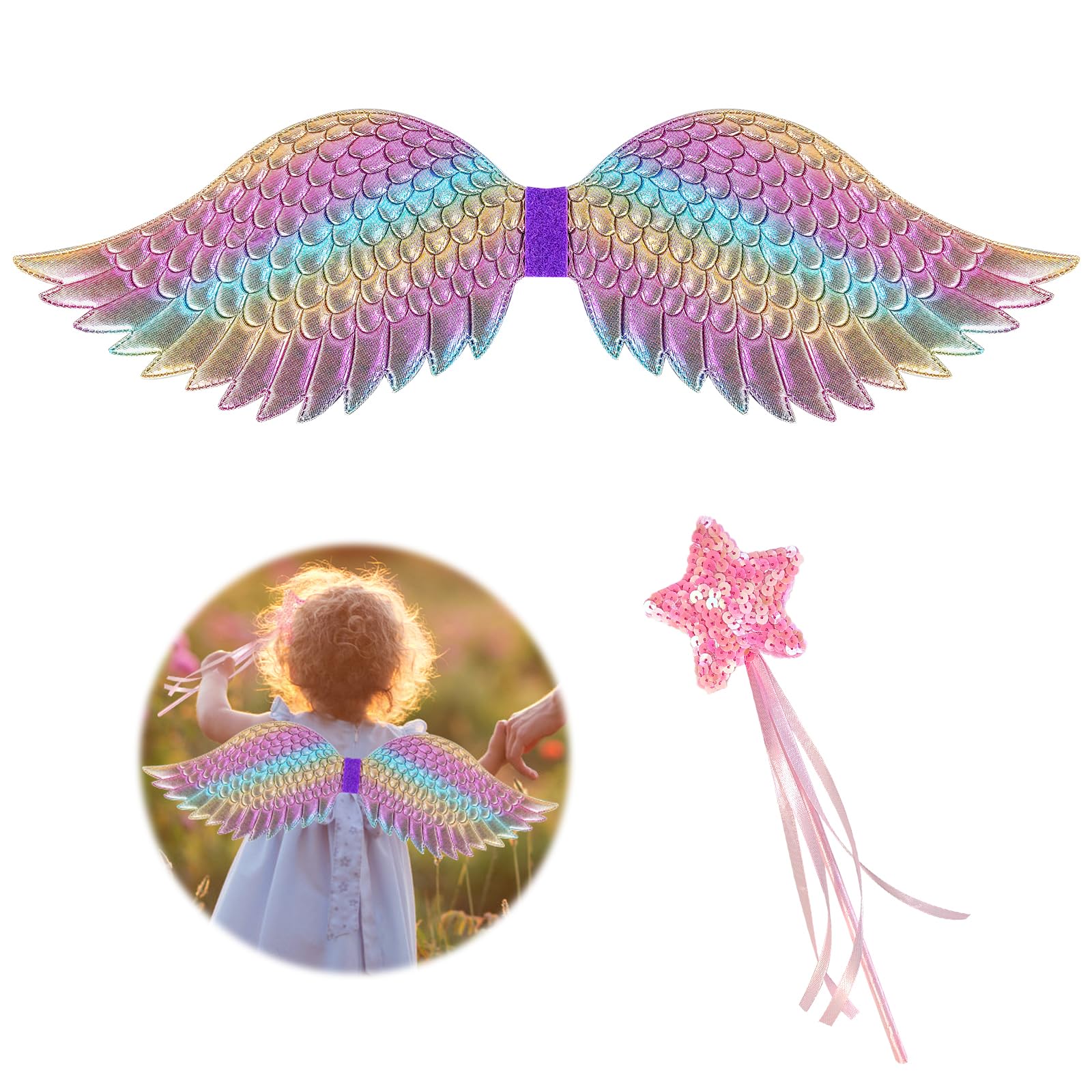EQLEF Angel Wings for Girls Angel Fairy Wings With Star Fairy Wand Angel Costume Kids Fairy Wings Dress Up Angel Outfit for Halloween Christmas Party Cosplay (3-7 Years Old)