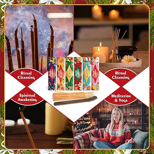Miniatura 7 de Varillas de incienso navideño, 120 varillas de aromaterapia naturales de larga duración con soporte, 6 aromas navideños para decoraciones navideñas