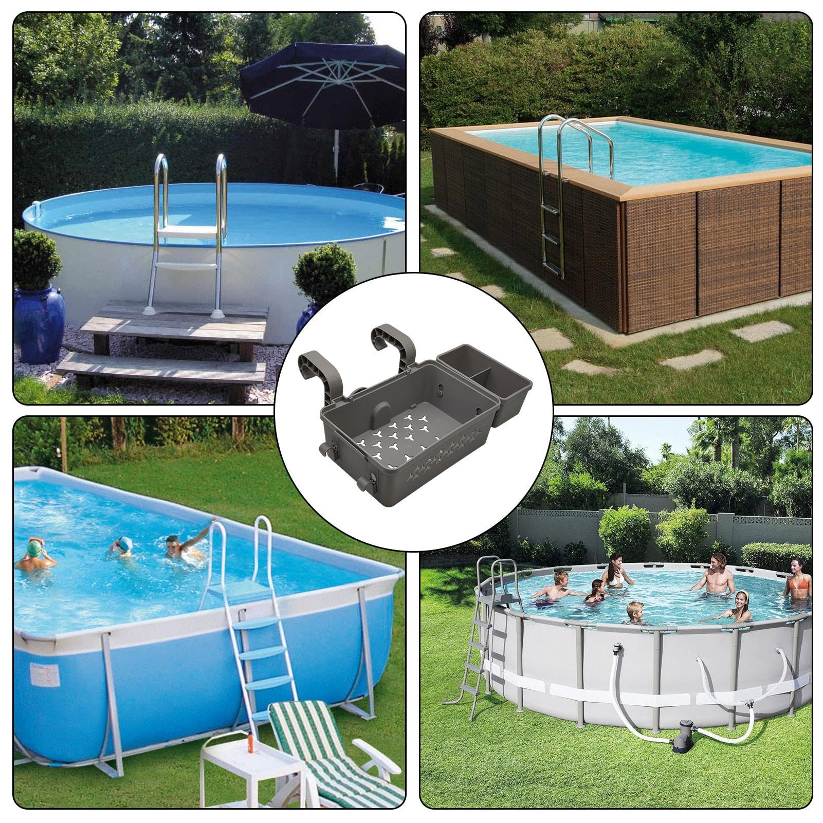 Pool Aufbewahrungskorb, Pool Korb aus Recyceltem Kunststoff, Frame Pool Kord mit Getränkehalter, Gartenpool Organizer Aufbewahrungsbox Pool Seitenkorb für Aufstellpool, Pool Zubehör