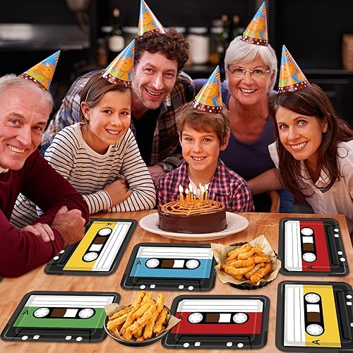 Miniatura 6 de 40 platos de cinta de casete de los años 70, 80 y 90, suministros de fiesta de 10 x 7 pulgadas, vajilla cuadrada retro para fiesta temática de