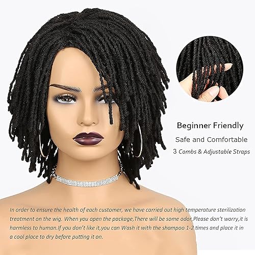 Miniatura 2 de WIGNEE Peluca corta afro con rastas de pelo sintético negro natural, pelucas trenzadas cortas para mujeres negras, pelucas sintéticas resistentes al