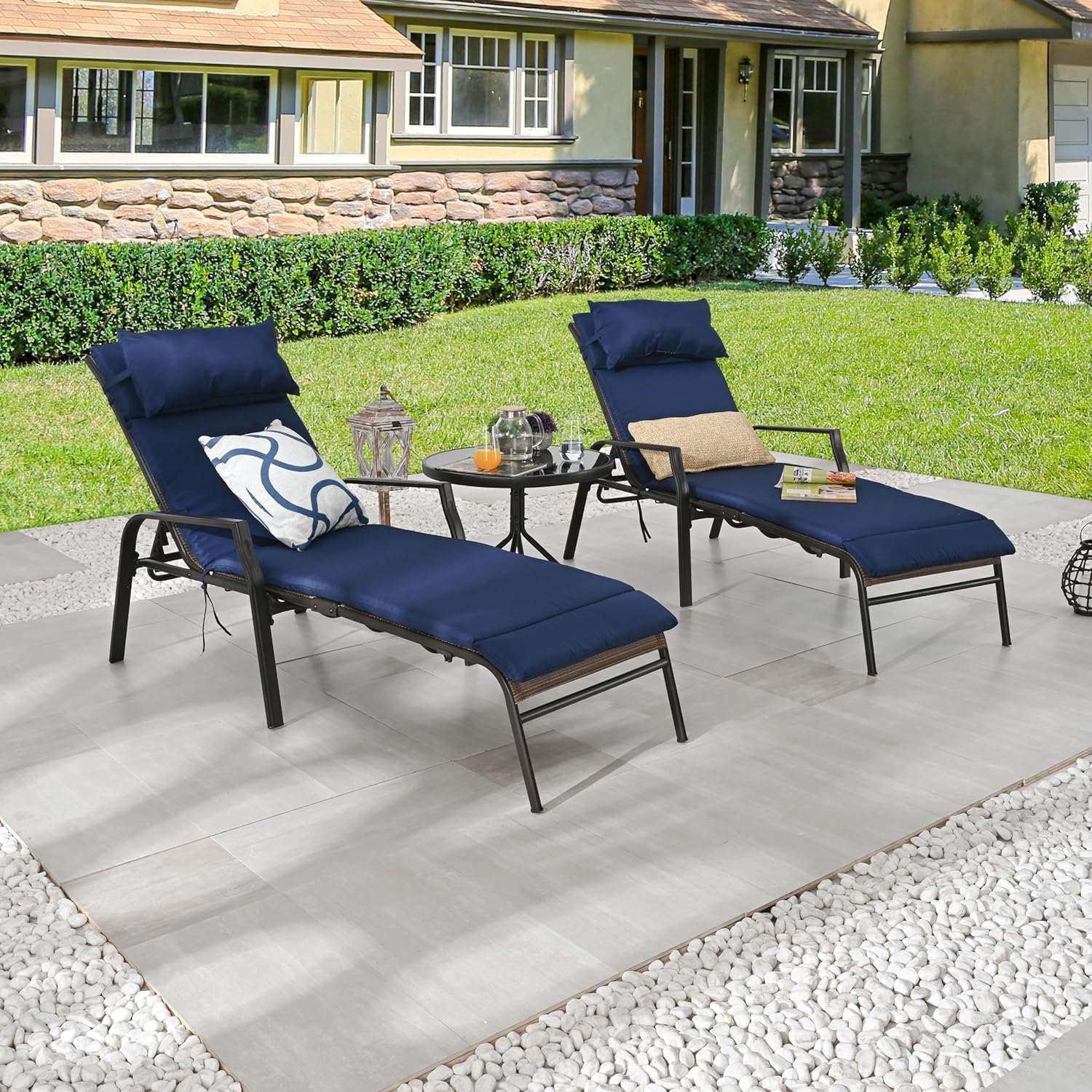 LOKATSE HOME 3 Pieces Outdoor Patio Chaise Lounges Chairs Set Adjustable with Folding Table, Dark Blue Cushions