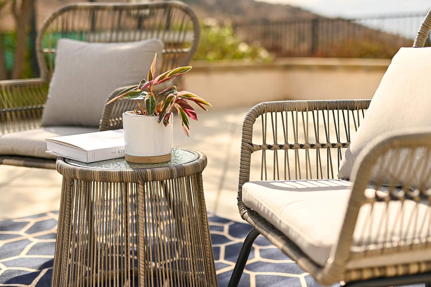 Barton 3 Pieces Bistro Chair Set w/Glass Table Grey Outdoor Patio Furniture Wicker Rattan Modern Conversation Chat Seating