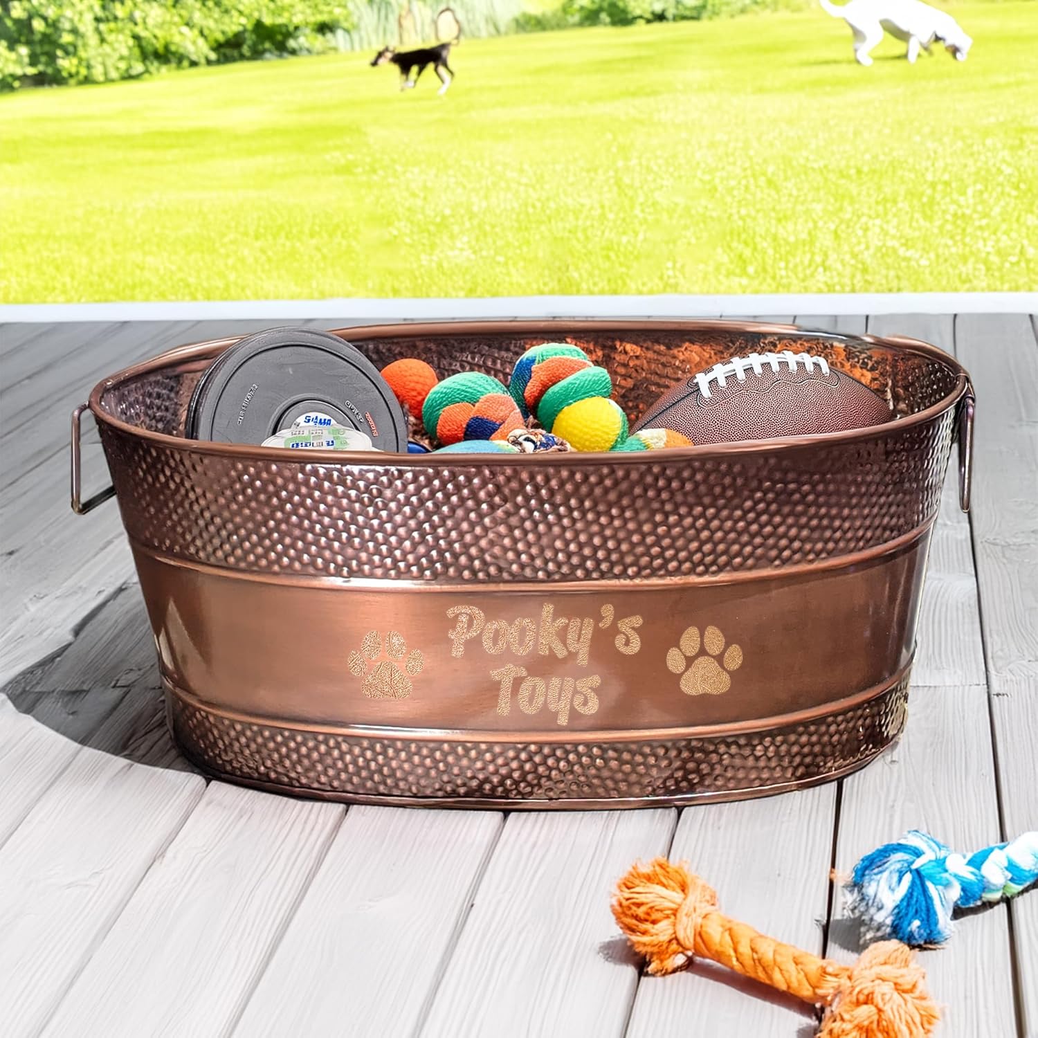 BREKX Personalized Metal Dog Toy Bin with Dog Bowl Set - Copper Galvanized Storage Bin with Handles, Basket for Pet Toys, Dog Toy Box, Pet Storage - Custom Dog Name Gift (Large)
