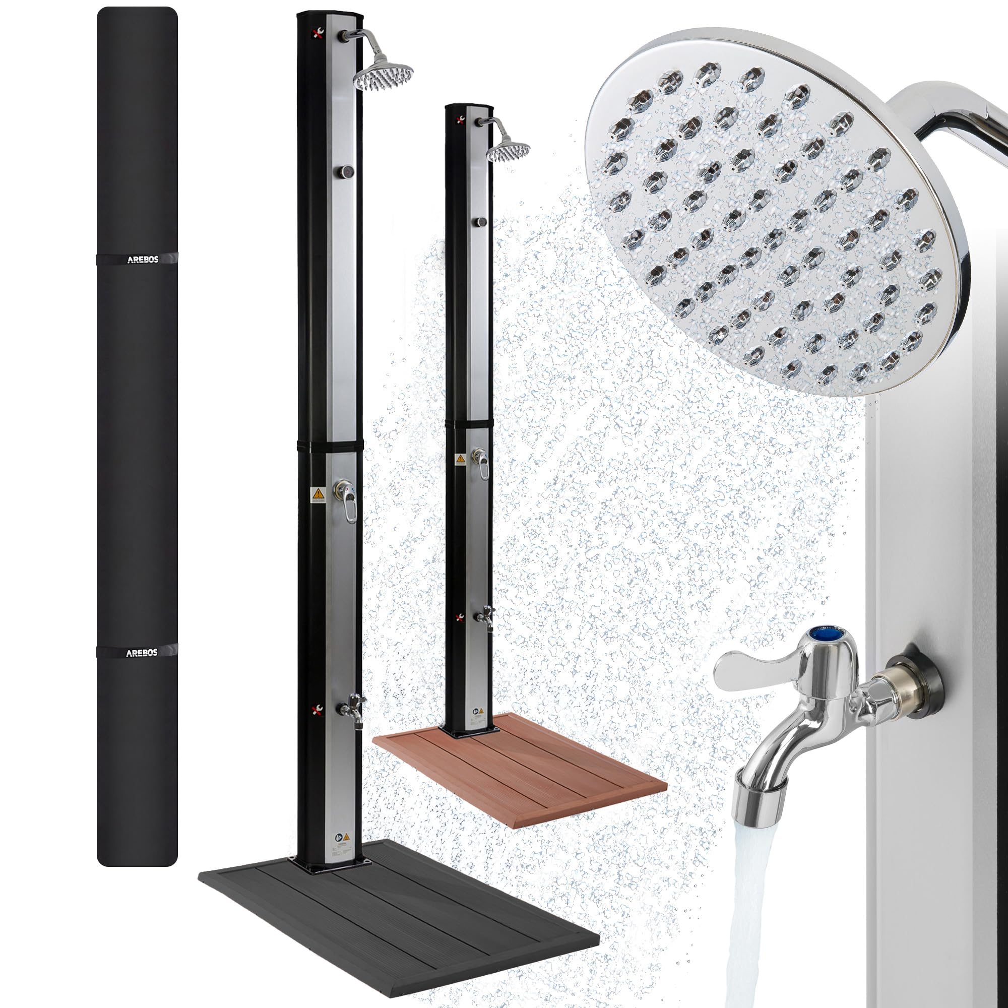 Arebos Solardusche 35L & Bodenelement Schwarz | inklusive Abdeckhaube | mit integriertem Thermometer & Fußdusche | mit Gartenschlauch-Anschluss | Wassertemperatur bis 60°C | Silber-Schwarz