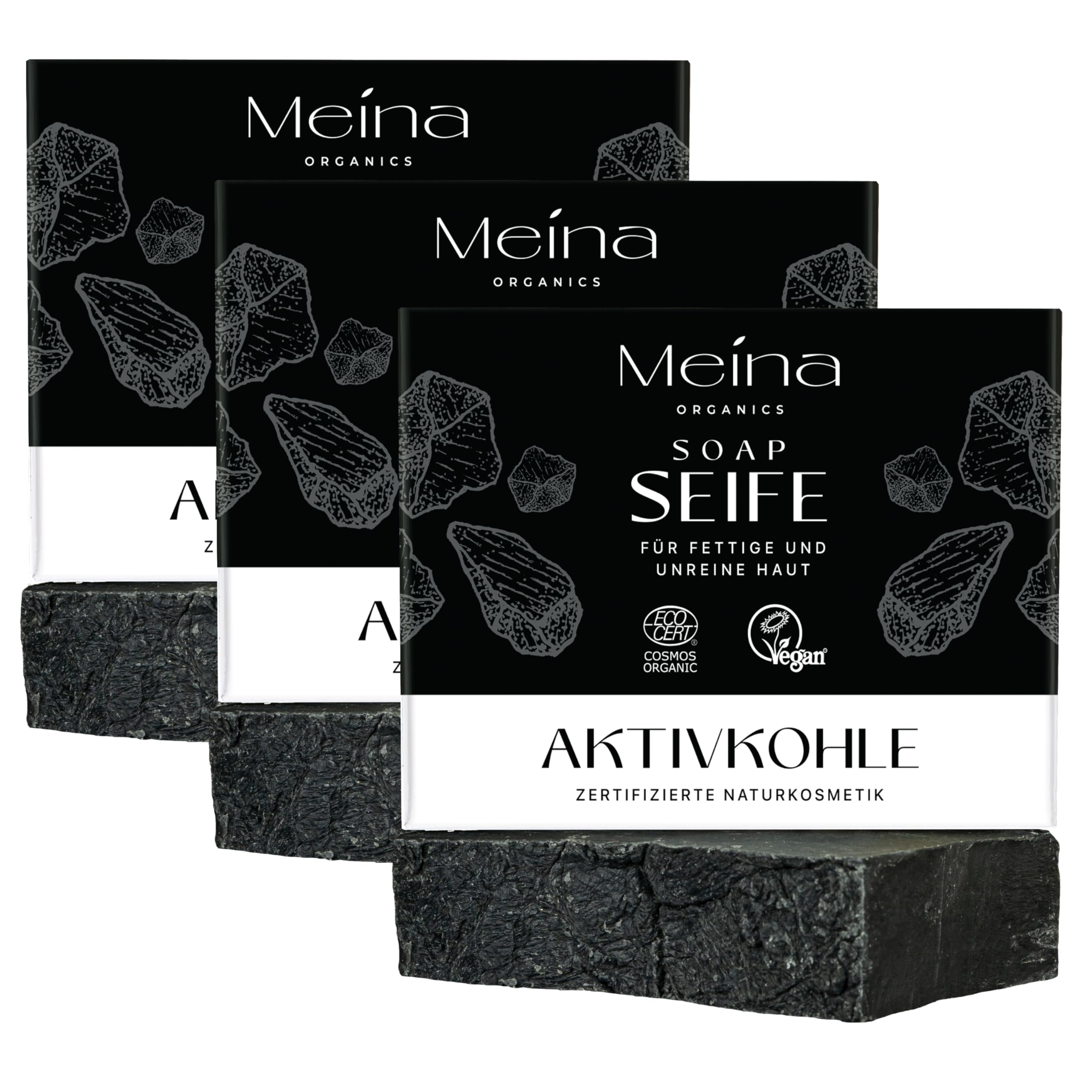 Meina Naturkosmetik - Schwarze Seife mit Aktivkohle gegen Pickel, Naturseife für fettige und unreine Haut ohne Palmöl, Zertifiziert, Vegan, Handgemacht, Wie ein festes Duschgel, 100g