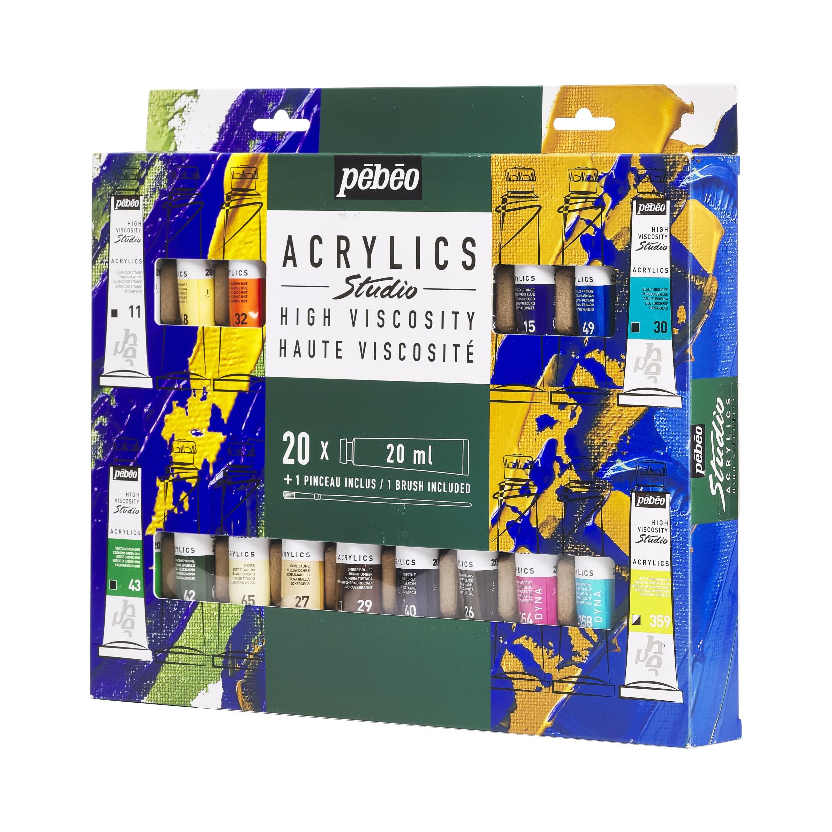 Pébéo Studio Acrylics - Kit di Pittura Acrilica - 20 Tubetti da 20 ml + Pennello - Colori Assortiti - Ideale per Artisti e Principianti