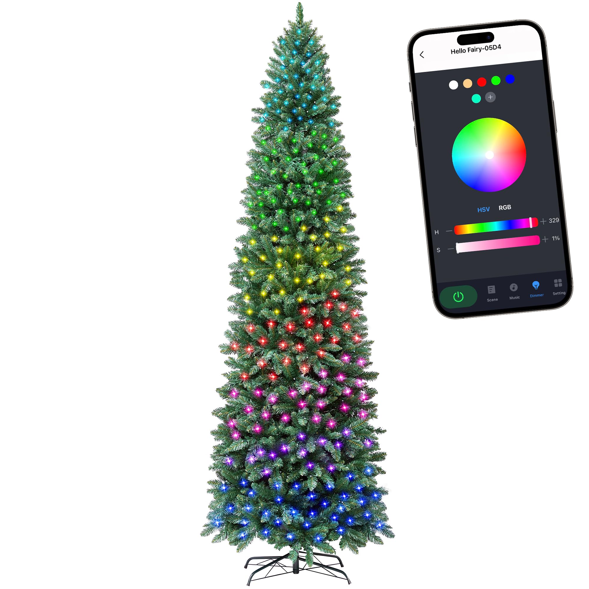 HOLLO STAR 7.5ft Prelit Christmas Tree with 350 LED Lights, Artificial Slim Christmas Tree with App-Controlled Multi-Color RGB Lights, 1053 Branch Tips, Easy to Assemble, for Home, Party