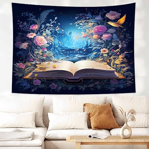 Miniatura 4 de Tapiz de fantasía, tapiz de libro mágico, tapiz de lectura, tapiz de libro floral de arte para dormitorio, sala de estar, decorativo para colgar en