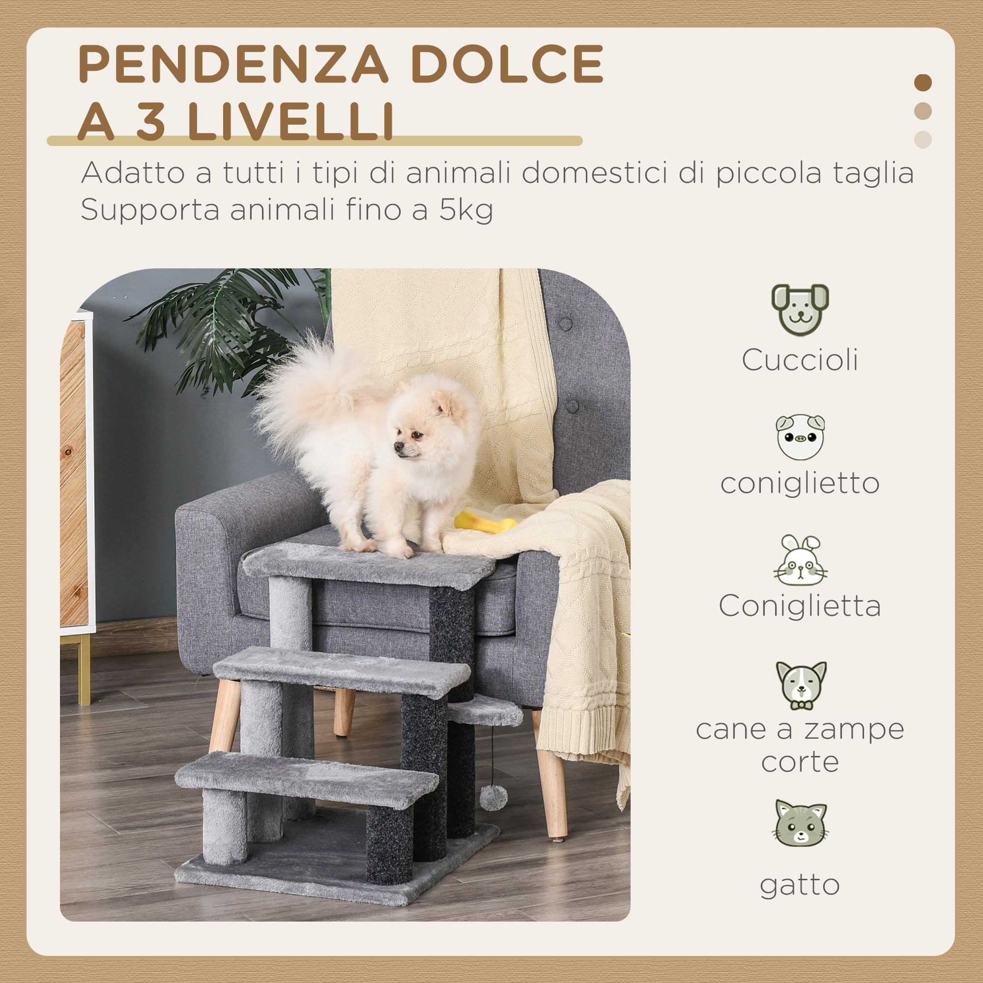PawHut Scaletta per Gatti a 3 Gradini con Rivestimento in Flanella, Scala per Gatto e Animali Domestici Antiscivolo con Pallina, 45x40x48cm, Grigio