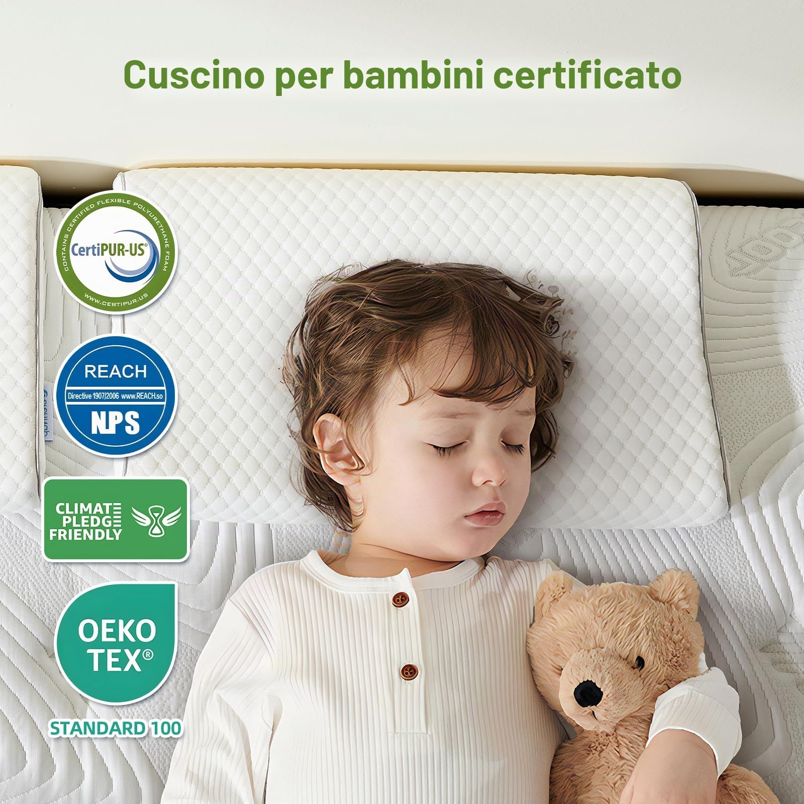 Cuscino per bambini da 3 a 10 anni, ergonomico, in memory foam, con rivestimento in cotone Öeko-Tex, 30 x 51 x 4/6 cm, 2 diverse altezze