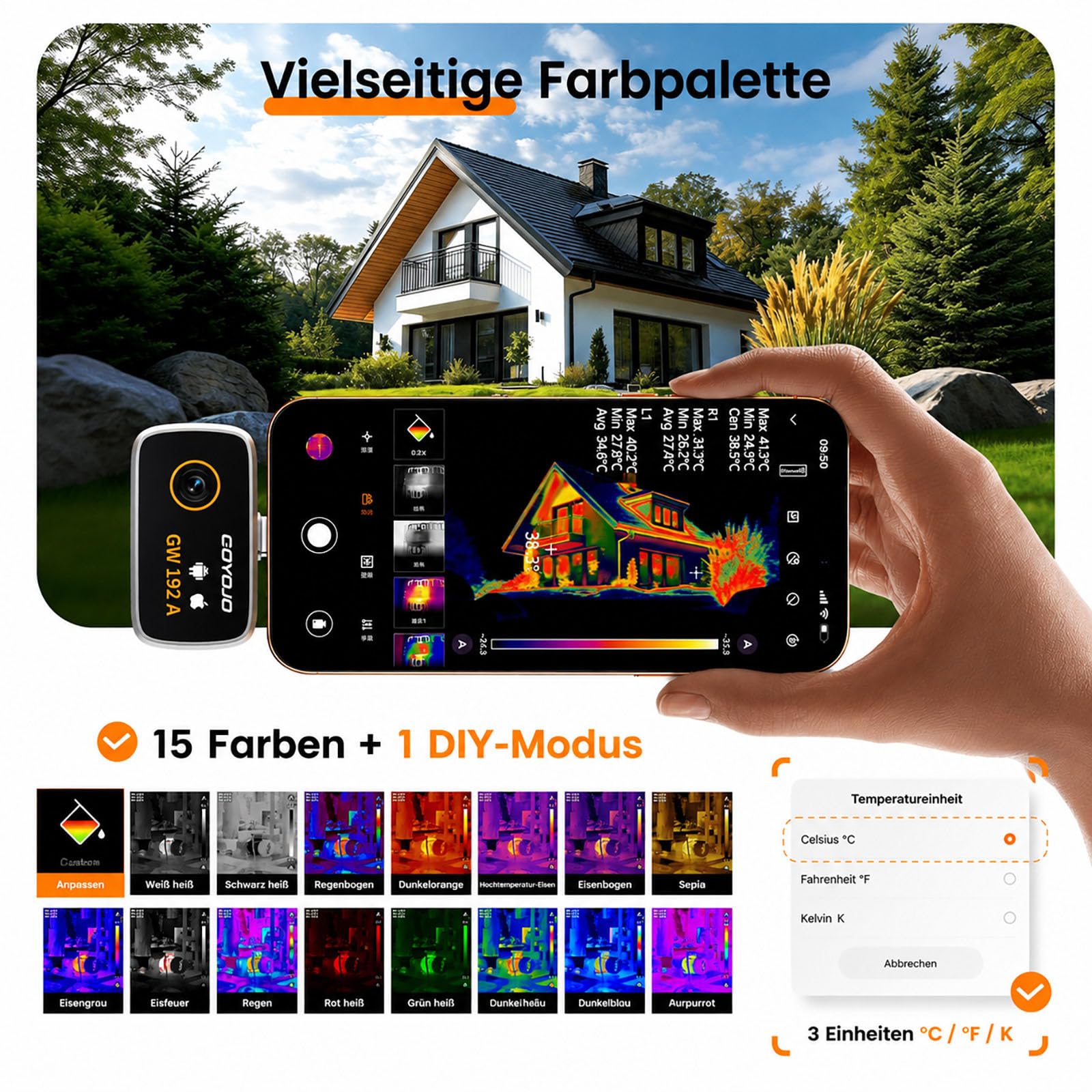 GOYOJO Wärmebildkamera Handy, 192 x 192 IR-Auflösung, Infrarotkamera für Android & iPhone 15/16/17, 50° Weitwinkel, -20 °C bis 400 °C, für Lecksuche, Hausinspektion, Elektroprüfung & Kfz-Diagnose