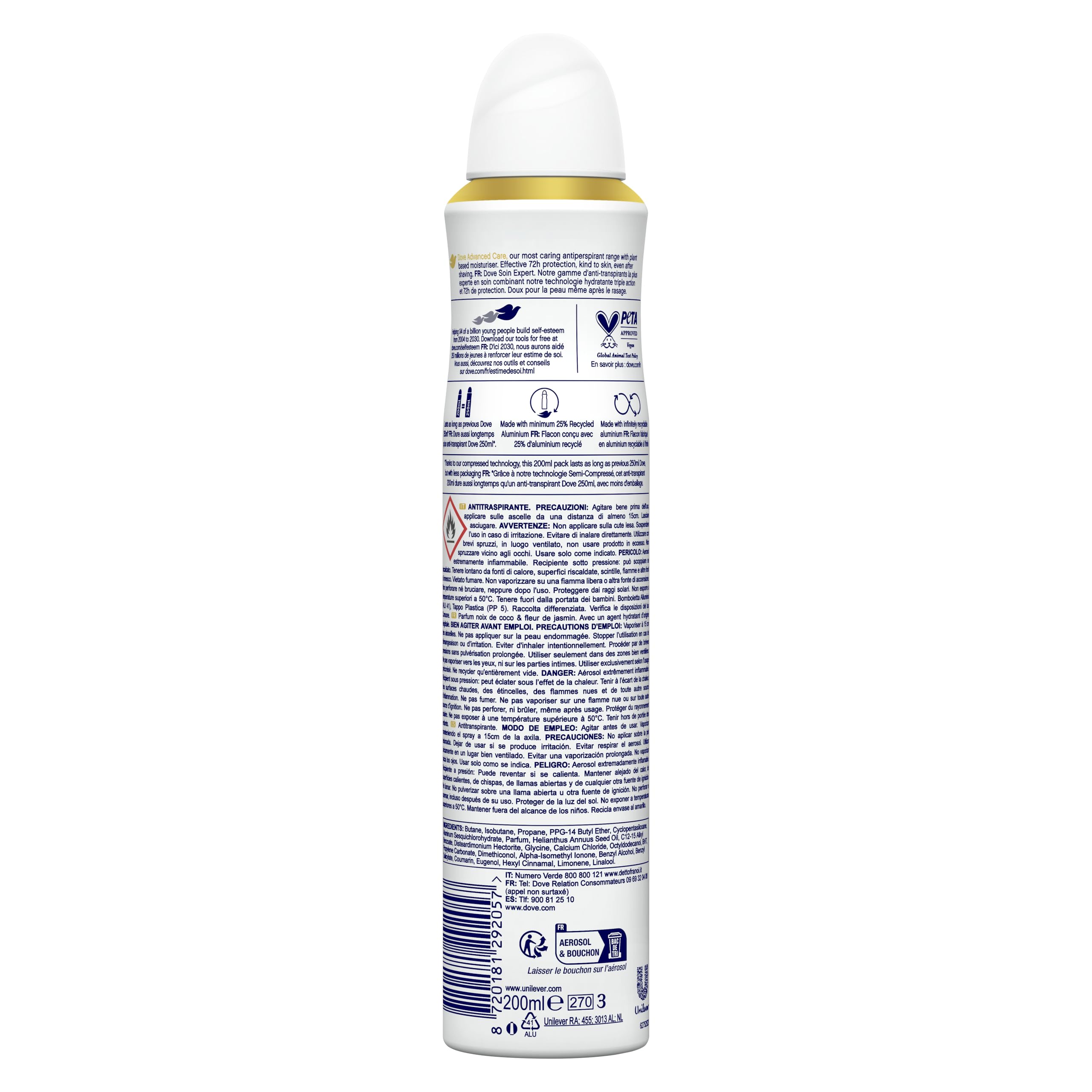 DOVE Advanced Care Deodorant für Damen, Kokosnuss und Jasminblüte, Anti-Transpirant-Spray, tägliche Achselpflege, 72 Stunden Schutz, 200 ml (Packung mit 2)