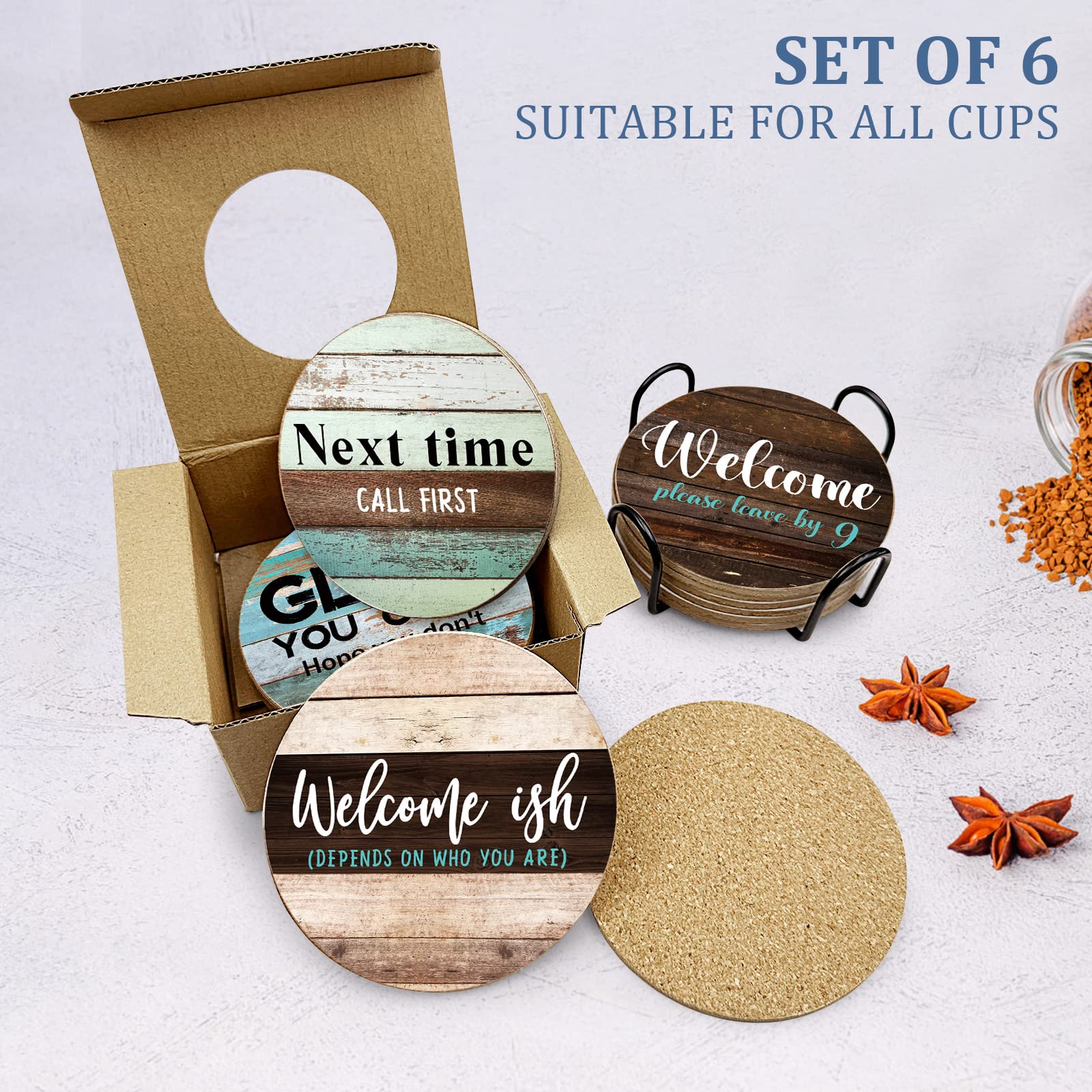 6 posavasos de corcho absorbente sarcástico para bebidas, bar de granja para bebidas con soporte, divertidos posavasos para proteger tu mesa de café, regalo para la decoración de un nuevo 6