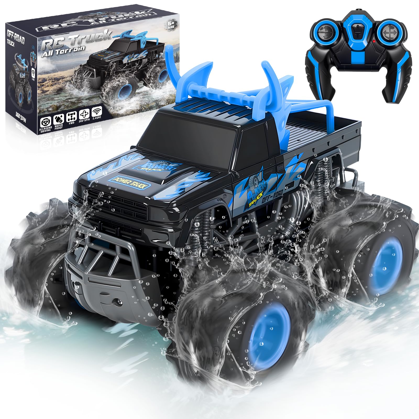 BainGesk Waterproof Remote Control Monster Truck Toys, 1:16 RC Car, 2.4GHz 4WD All Terrain Car Toys with 2 Rechargeable Batteries, Off-Road Truck Gifts for 6, 7, 8, 9, 10, 11, 12 Year Old Boys