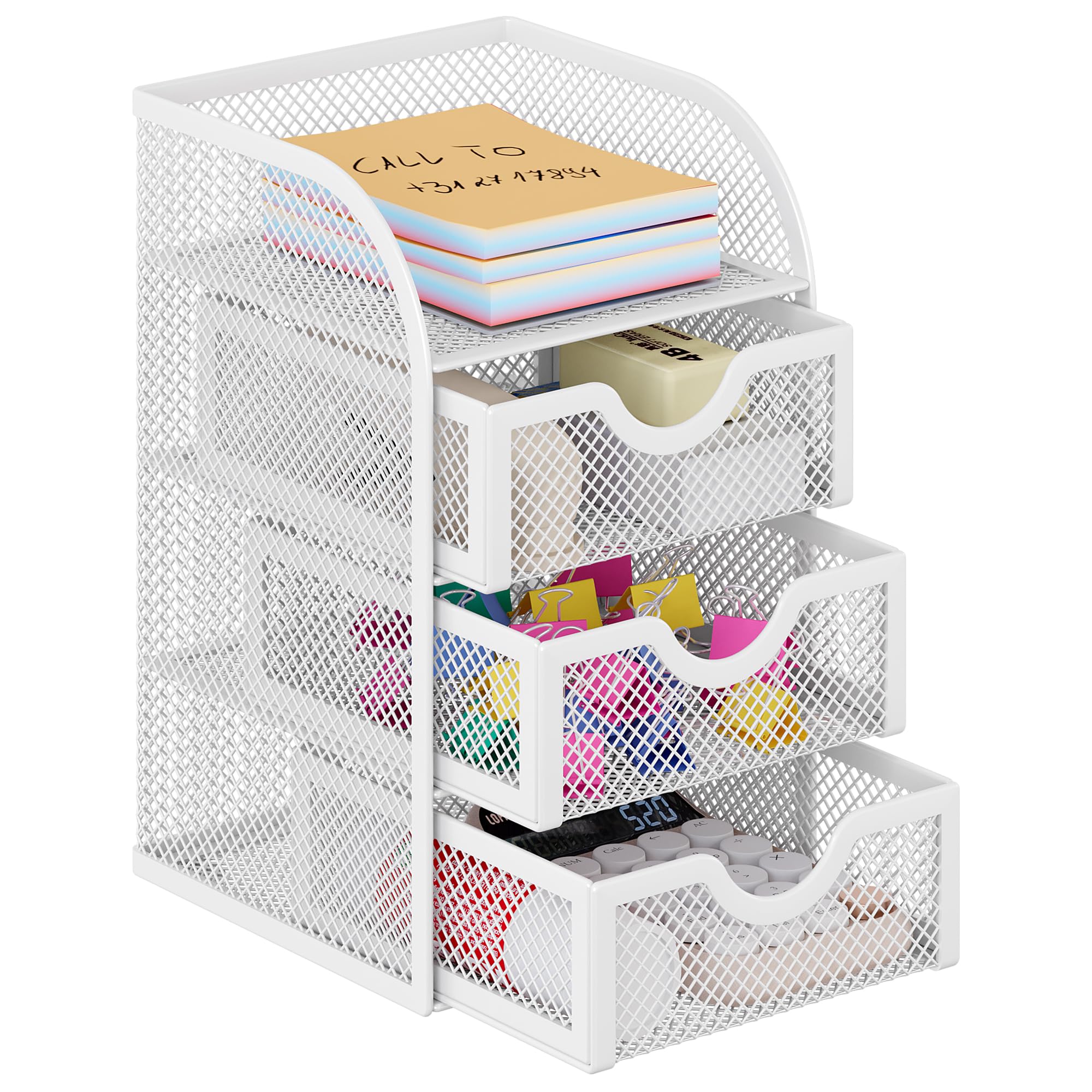 EasyPAG Mesh Desk Organizer with 3 Drawer Office Desktop Organizers and Accessories Stationery Caddy for Office, Home, Students, White