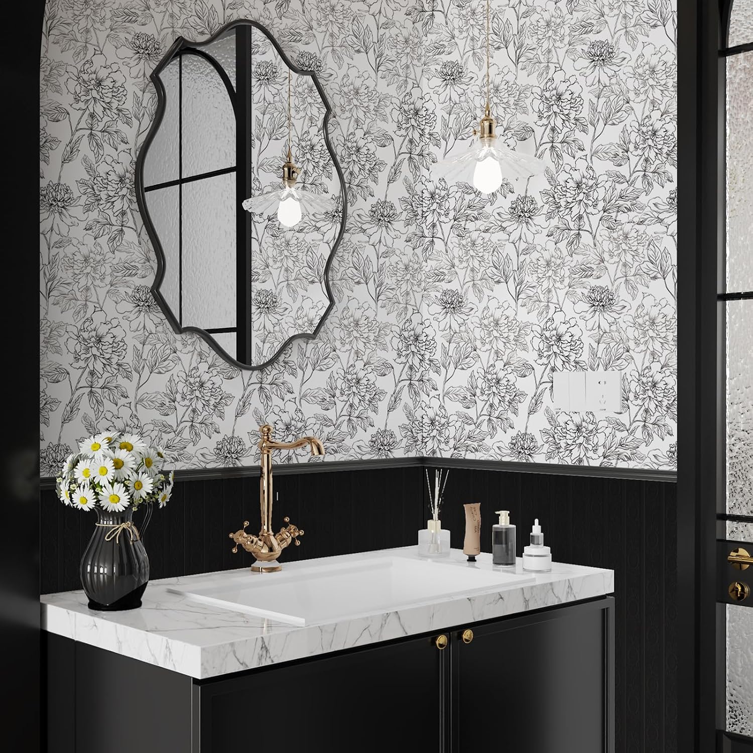 JiffDiff 3D Black Embossed and White Floral Peel and Stick Wallpaper Bundle, 2 Rolls Waterproof Self-Adhesive PVC Contact Paper 17.3"x120", Removable No Residue for Home & Wall Cabinet Decor image 5