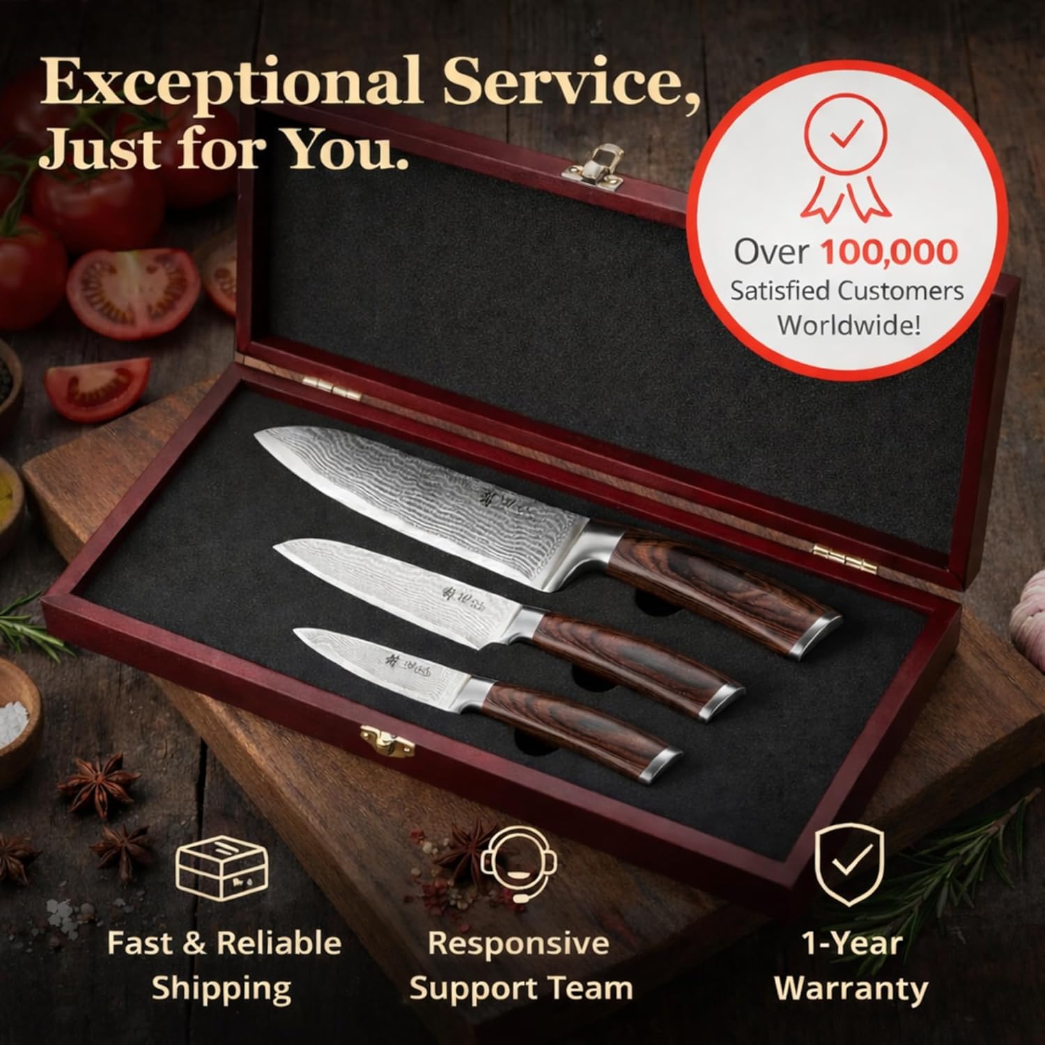 Wakoli EDIB 3-Piece Damascus Kitchen Knife Set in Wooden Gift Box, Razor Sharp Genuine Damascus Steel (VG10 Core), Includes Santoku, Small Santoku and Paring Knife, Ergonomic Pakkawood Handle - Image 7