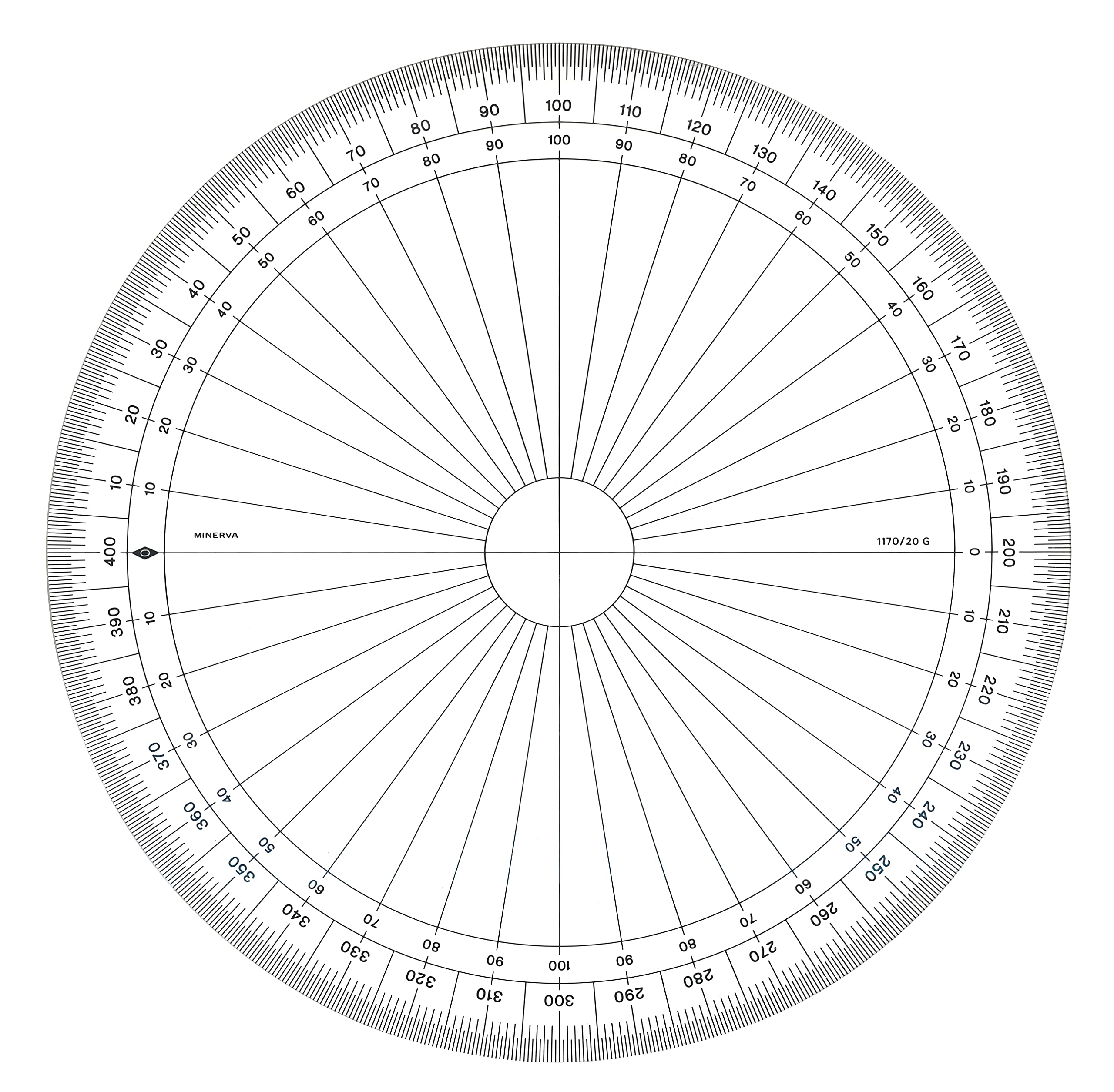MINERVA Rapporteur Circulaire en Grades 20cm Transparent