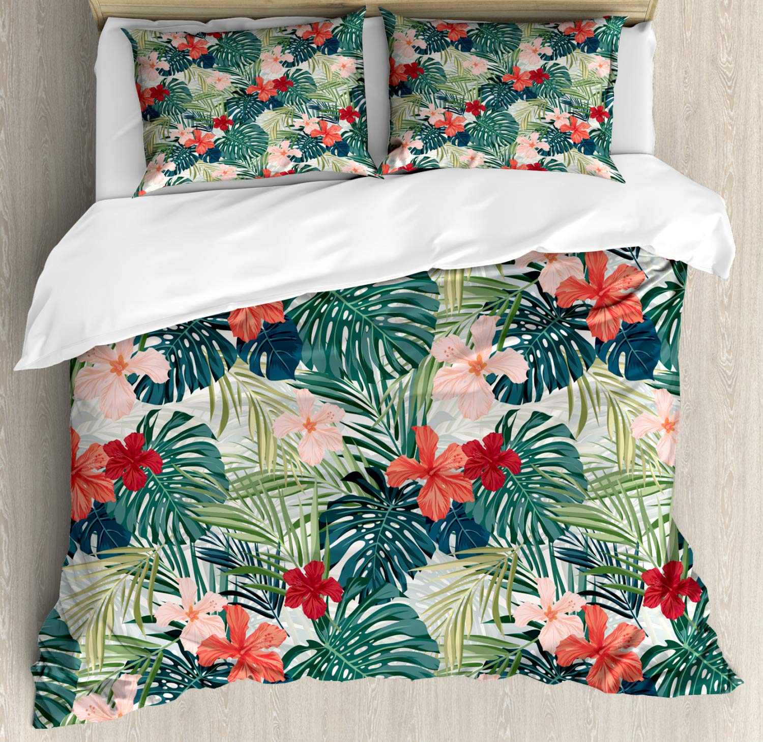 Ambesonne Leaf Duvet Cover Set, Summer Beach Holiday Themed Hibiscus Plumeria Crepe Ginger Flowers, Decorative 3 Piece Bedding Set with 2 Pillow Shams