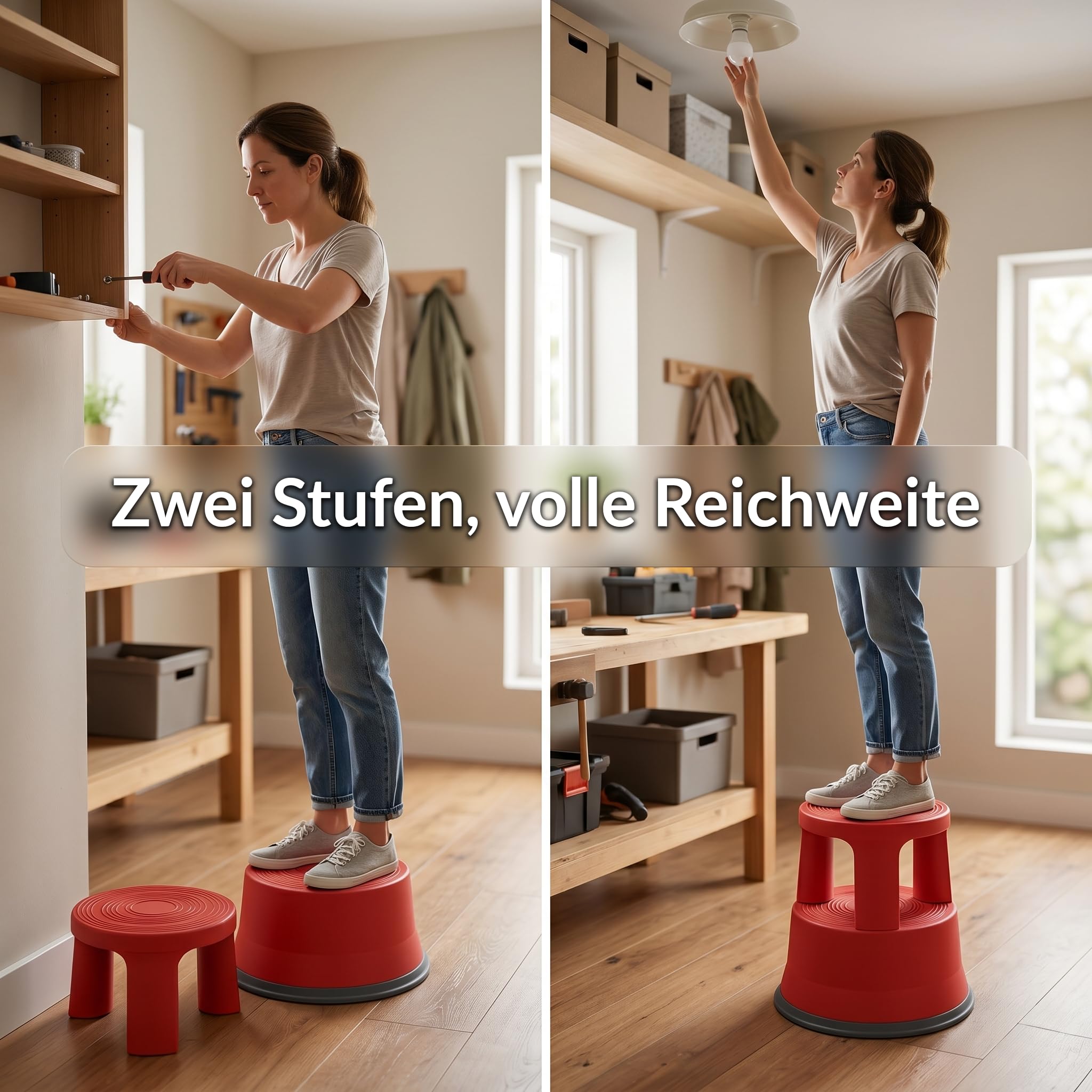 Office Marshal Rollhocker Kunststoff Elefantenfuß rot, Rutschfester Tritthocker mit Rollen, mobiler Rolltritt bis 150 kg, 43 cm hoch, Stabiler Hocker für Büro, Küche, Werkstatt, Lager & Haushalt