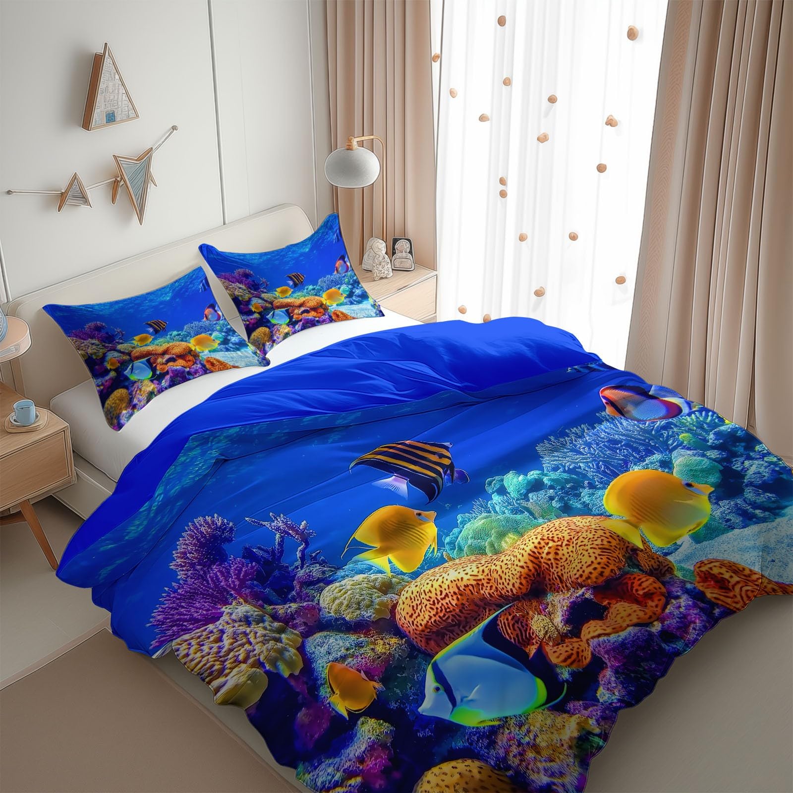 Poszwa na kołdrę 240 x 220 cm Podwodna scena koralowce ryby zestaw pościeli ciemnoniebieski, 3-częściowy z zamkiem błyskawicznym - 2-osobowa pościel dla dorosłych z 2 poszewkami na poduszki