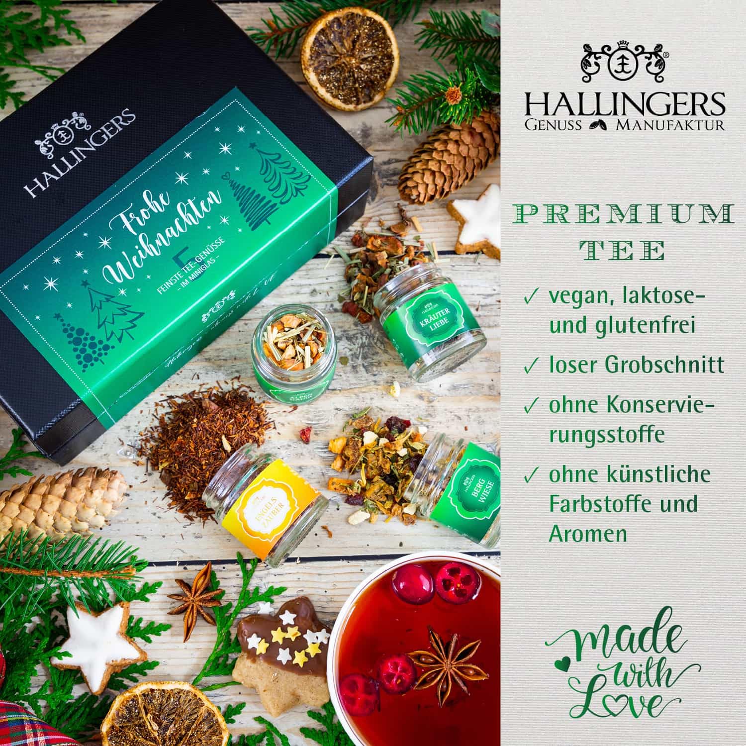 Hallingers Genuss Manufaktur Feinkost Weihnachts-Geschenk-Set - XXL-Geschenkkorb "Süße Weihnachten" großes Mitbringsel Pralinen, Schokolade, Fruchtsaftbärchen, Mandeln & mehr, Weihnachten für Frauen