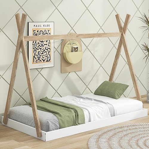 Miniatura 1 de Cama de madera maciza de tamaño individual con estructura triangular, marco de cama bajo con listones de madera para niños, niñas, niños,