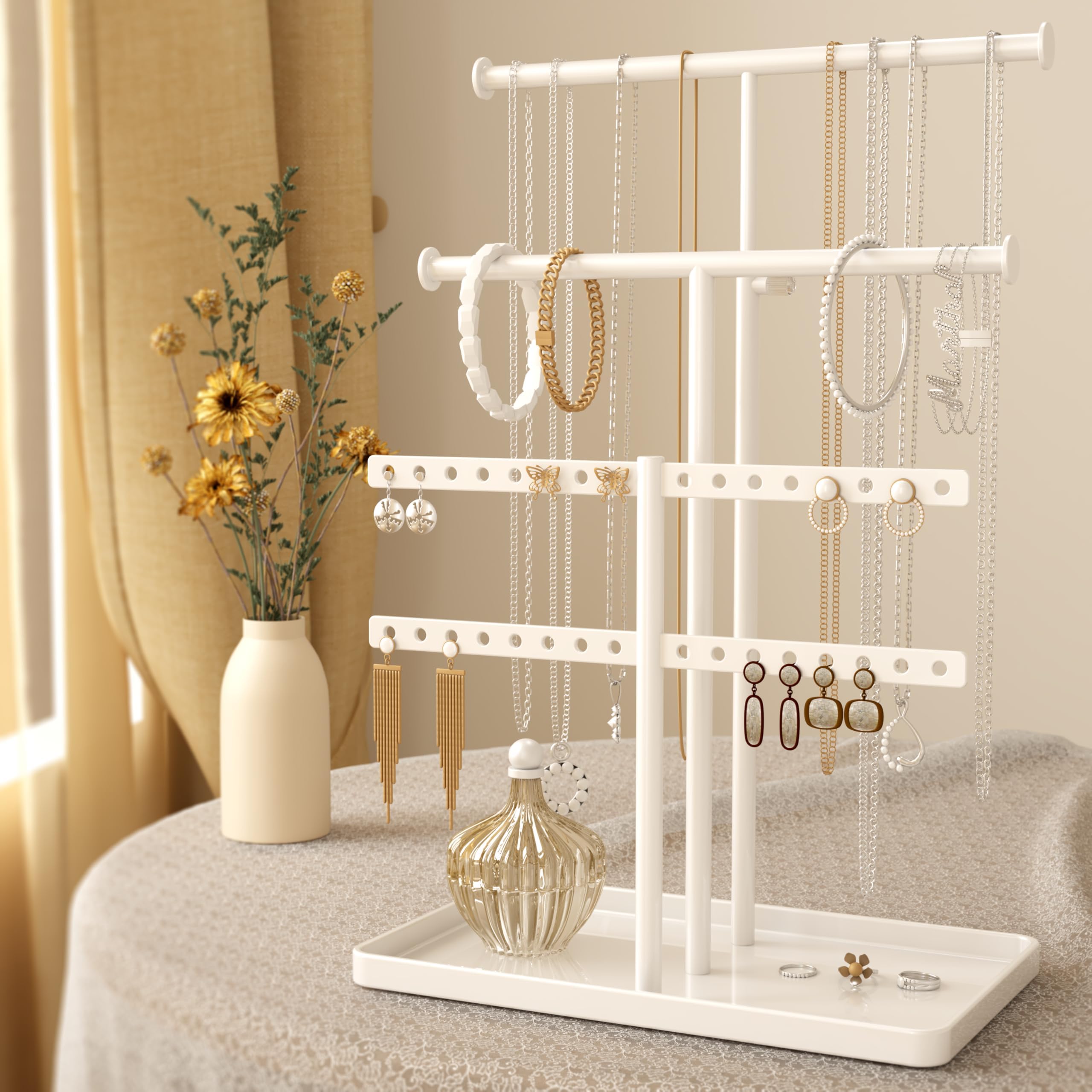 TFSZE Présentoir à bijoux avec base de rangement, présentoir à bijoux à 7 niveaux pour bagues, boucles d'oreilles, bracelets, montres et accessoires