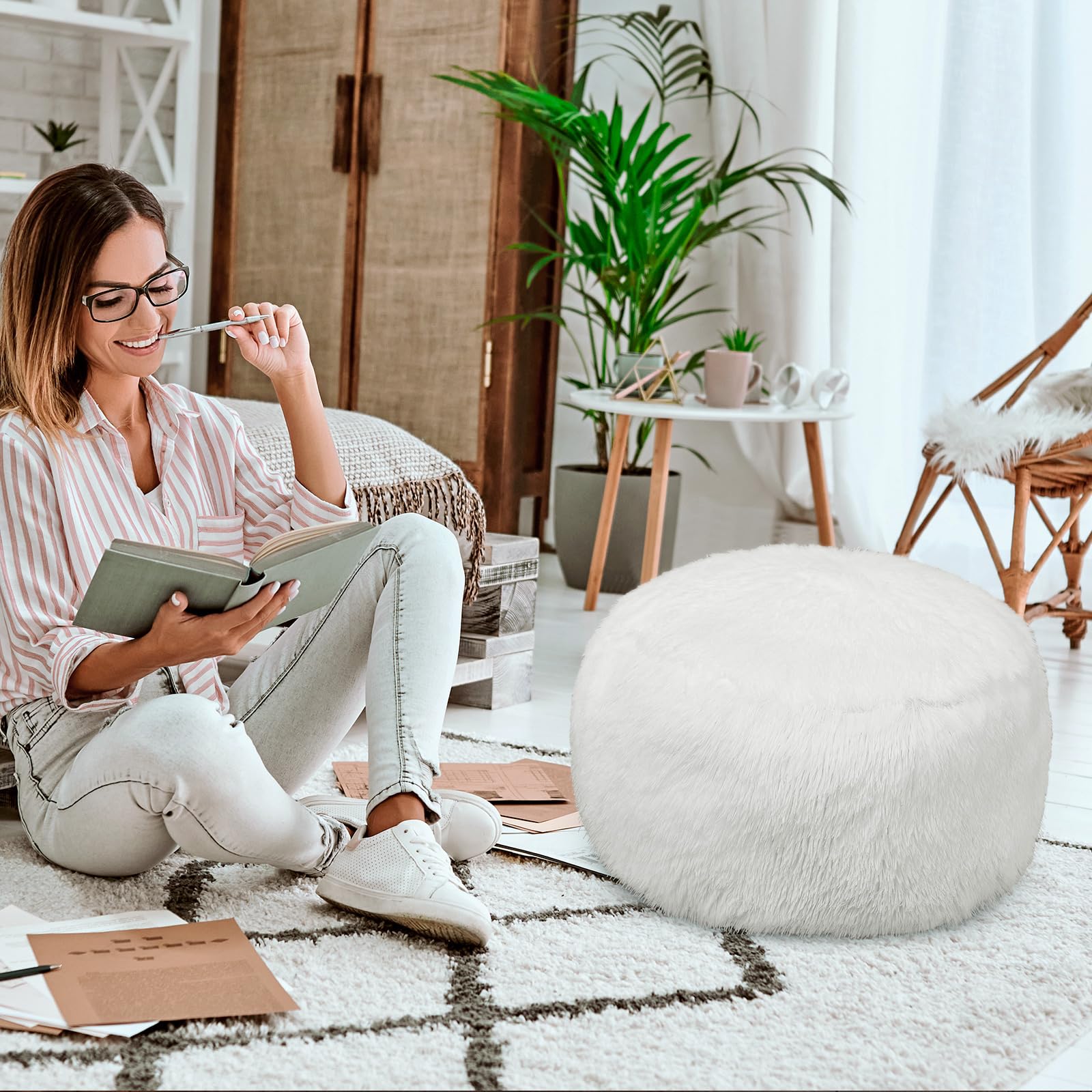 Amazon｜Buryeah オットマン プーフカバー 空 フェイクファー フット