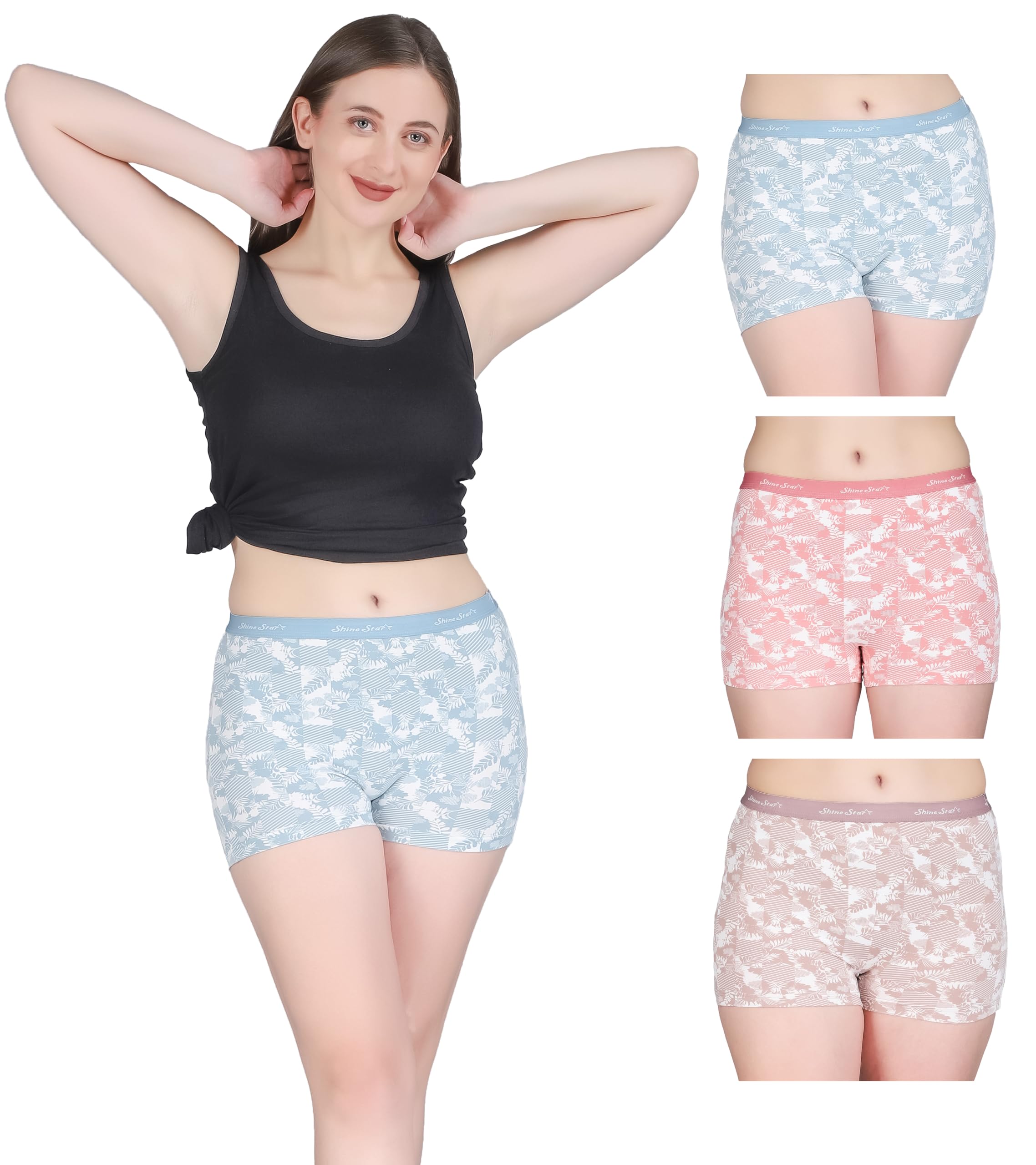 Pack of 3 Premium Cotton Lycra Boy Shorts Panties with Logo Waistband - Full Coverage and Outer Elastic for Women