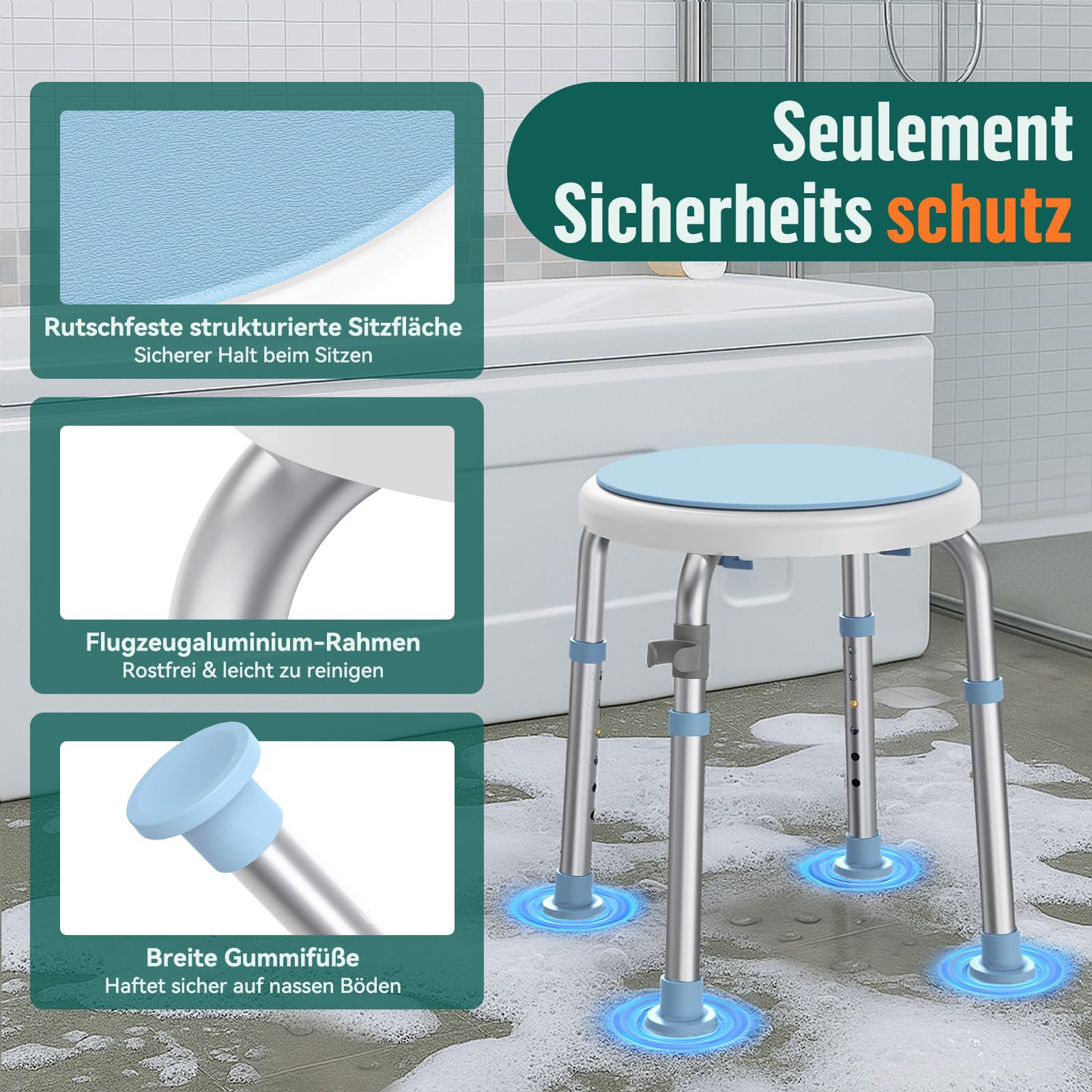 LC01 360°drehbarer Duschstuhl höhenverstellbar – Rutschfester Duschhocker aus Aluminium, Leichter Duschsitz für Senioren, Schwangere & Menschen mit eingeschränkter Mobilität